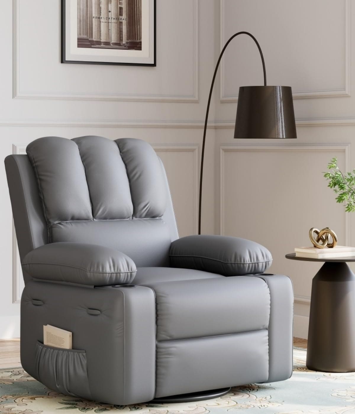 WhizMax PD-PHO-3383YHCU Rocking Recliner Chair - Oversized Massage Recliner with Heat -  Swivel Manual Recliner with Cup Holder - Grey