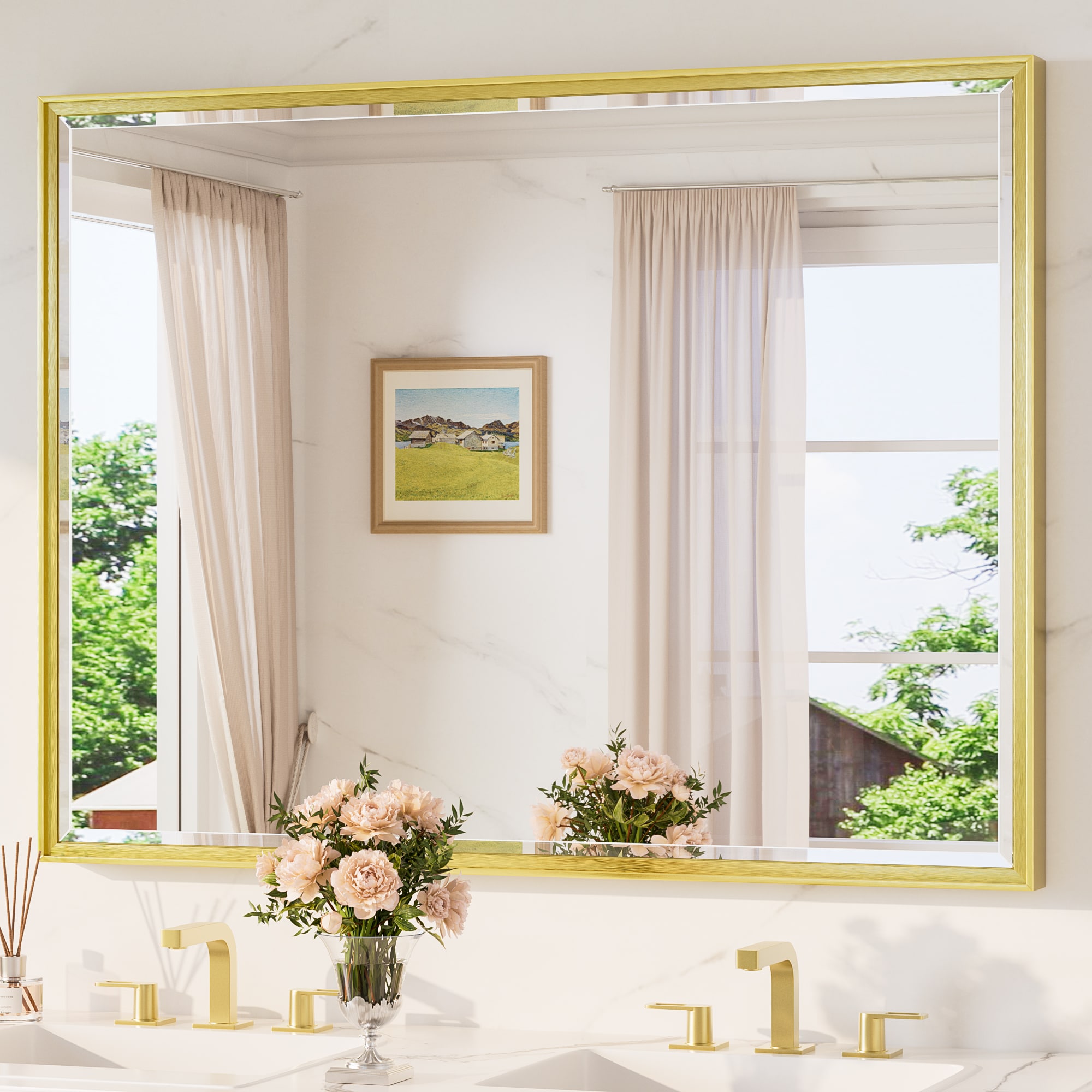 TETOTE - Bathroom Mirrors 48x36 inch Beveled Rectangle Bathroom Vanity Mirror with Brushed Gold F...