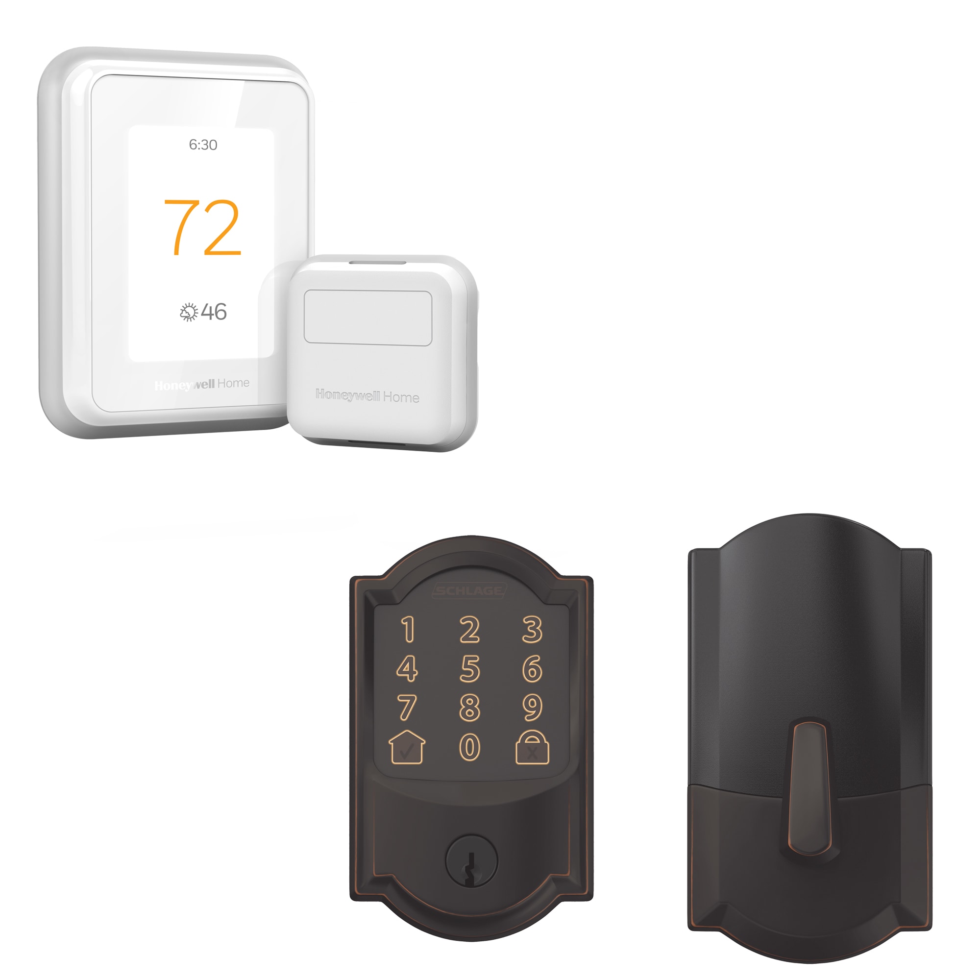 Honeywell Home RCHT9610WF T9 White Thermostat and Room Sensor with Wi-Fi Compatibility with Schlage Encode Camelot Aged Bronze Smart Electronic