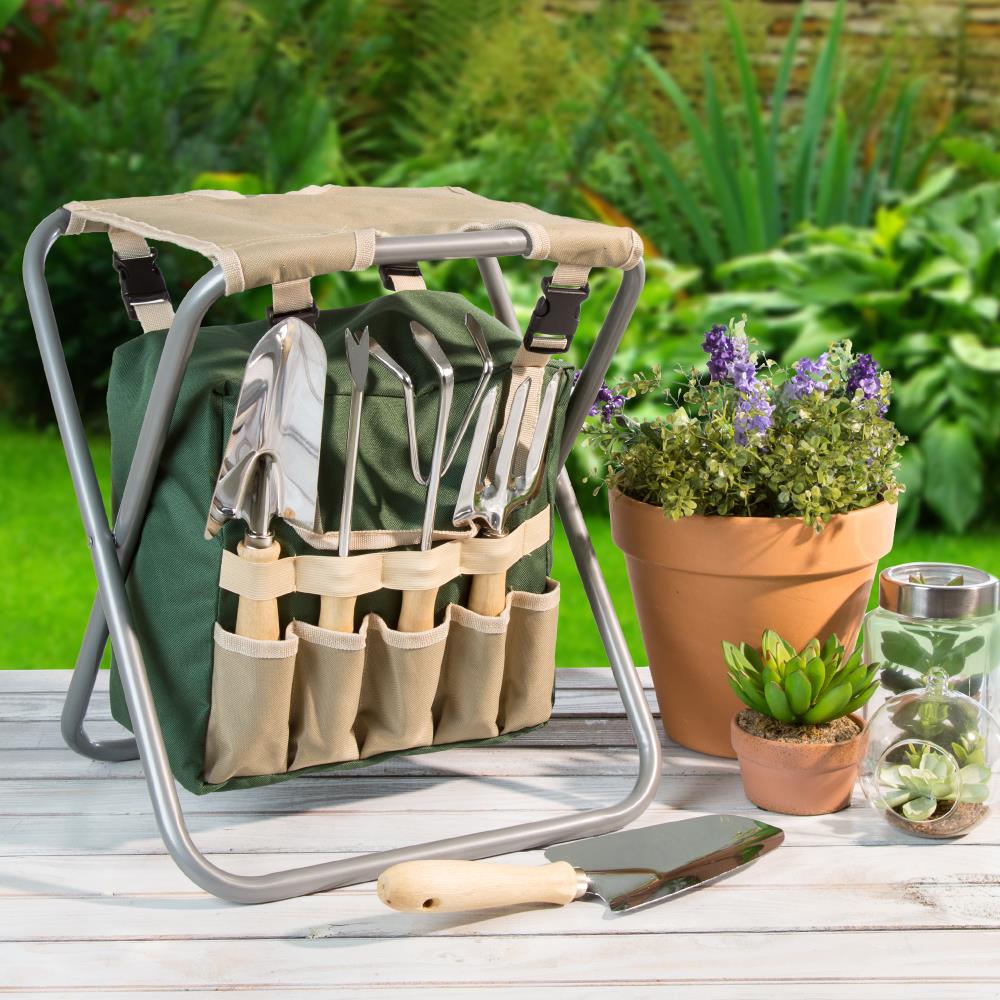 Stainless Steel Set Of 7 PCS Garden Tool w/ Bag Folding Stool Tools Gardening 