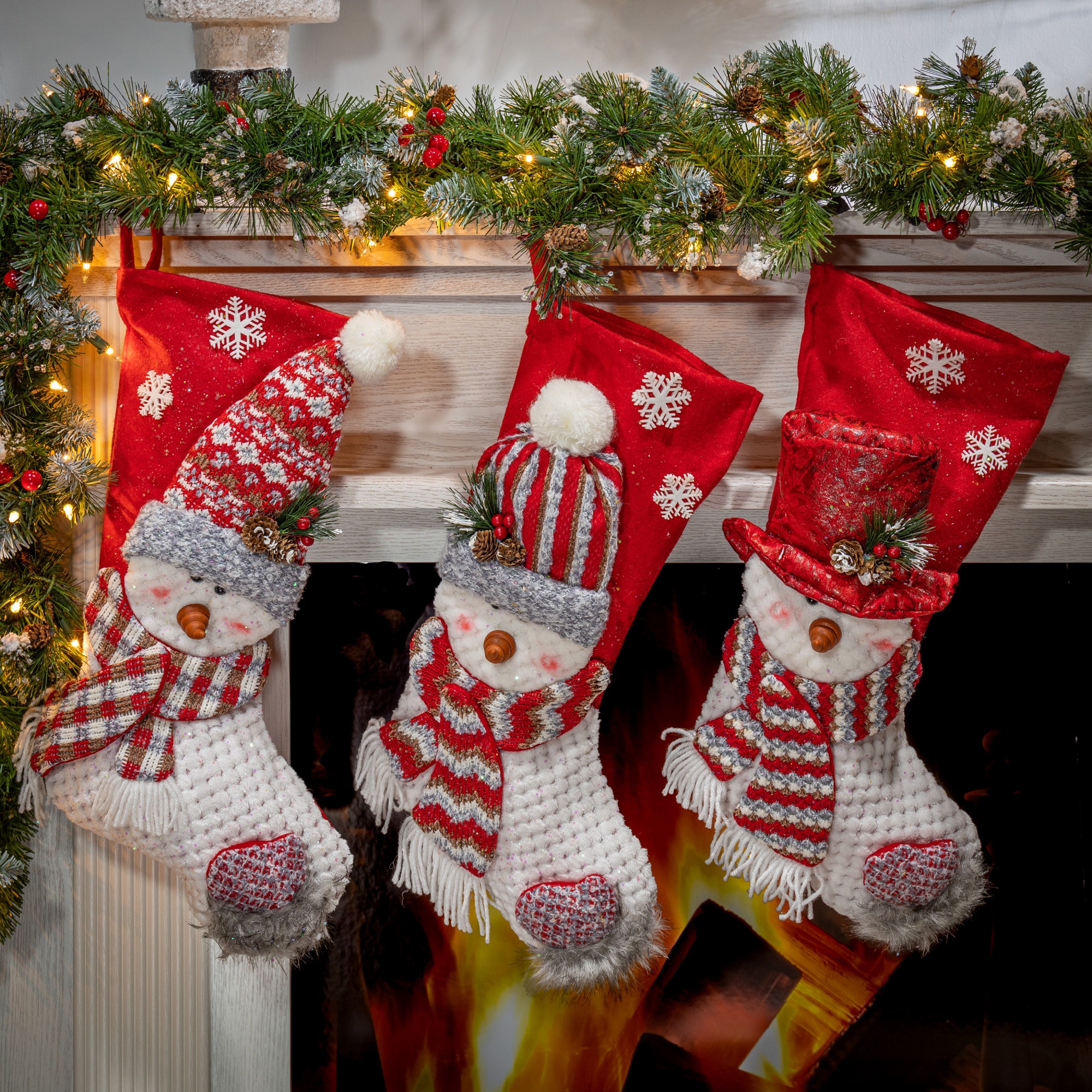 Set of 3 Red and White Plush Snowman Christmas Stockings