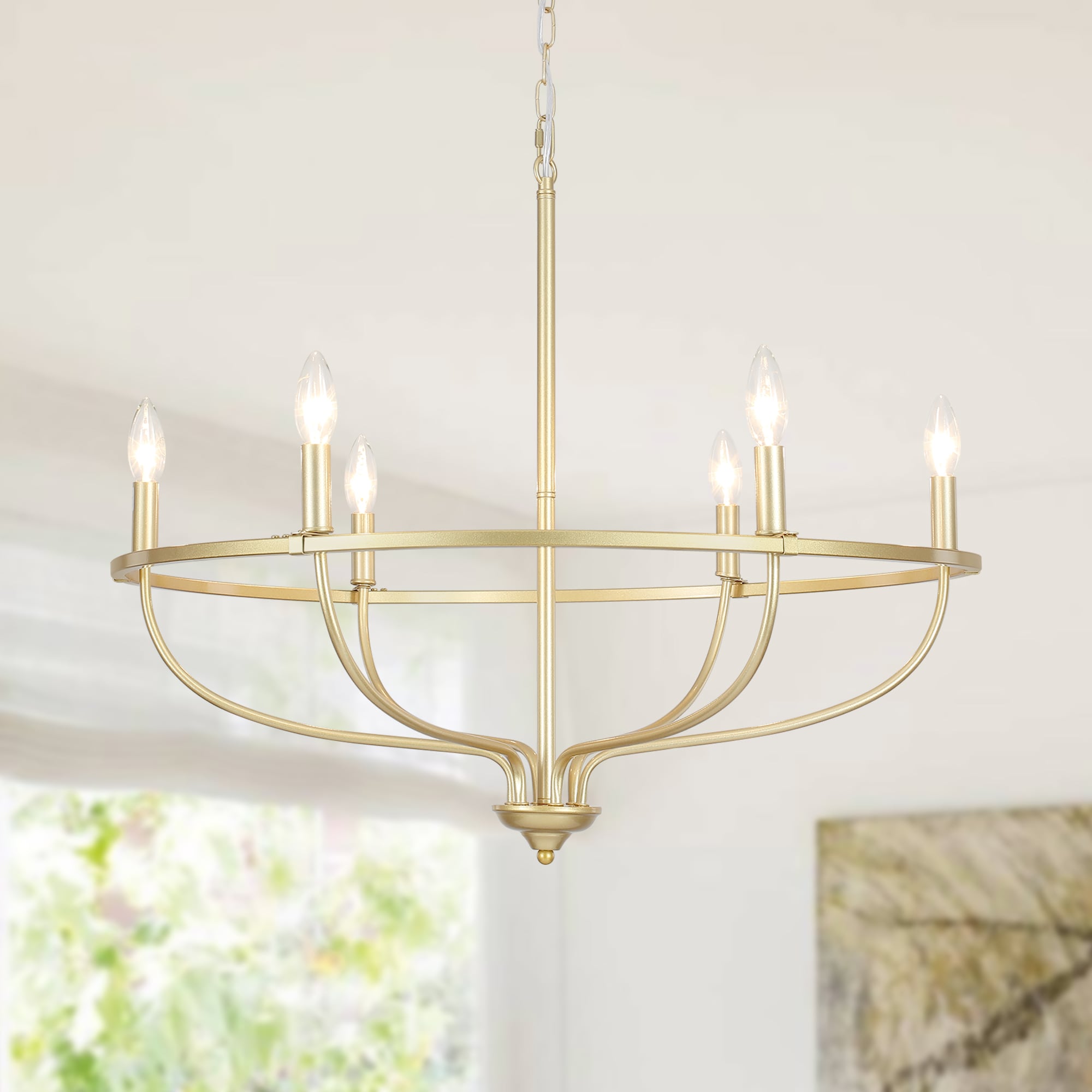 Zjvaive 28.34-in 6-Light Gold Modern Candle Chandelier With  Circular Ring Curved Arm Design