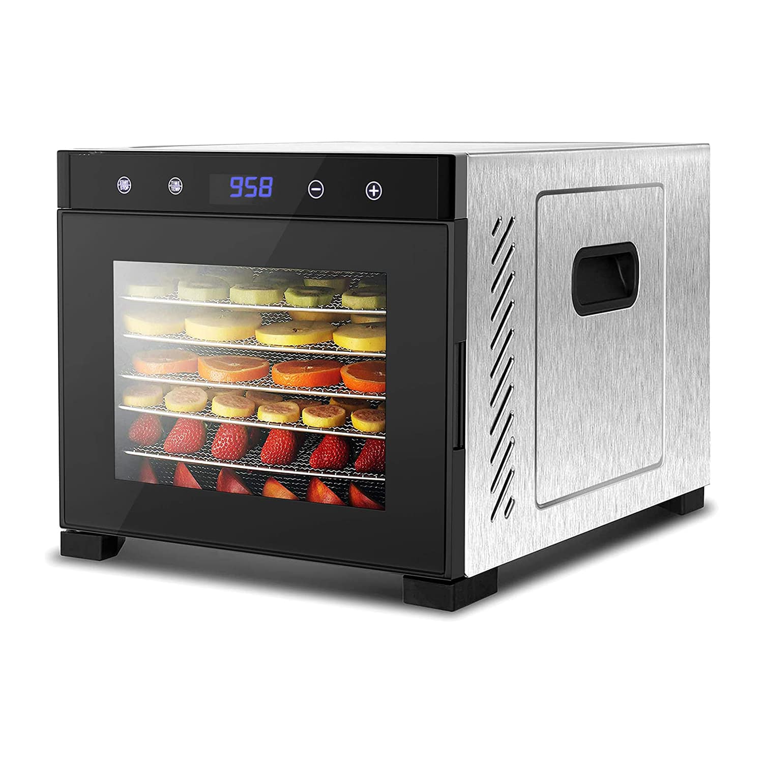 NutriChef 210333 Electric Countertop 600 Watts Multi Tier Food Dehydrator Machine with 6 Stainless Steel Trays Digital Timer Temperature Control Silver