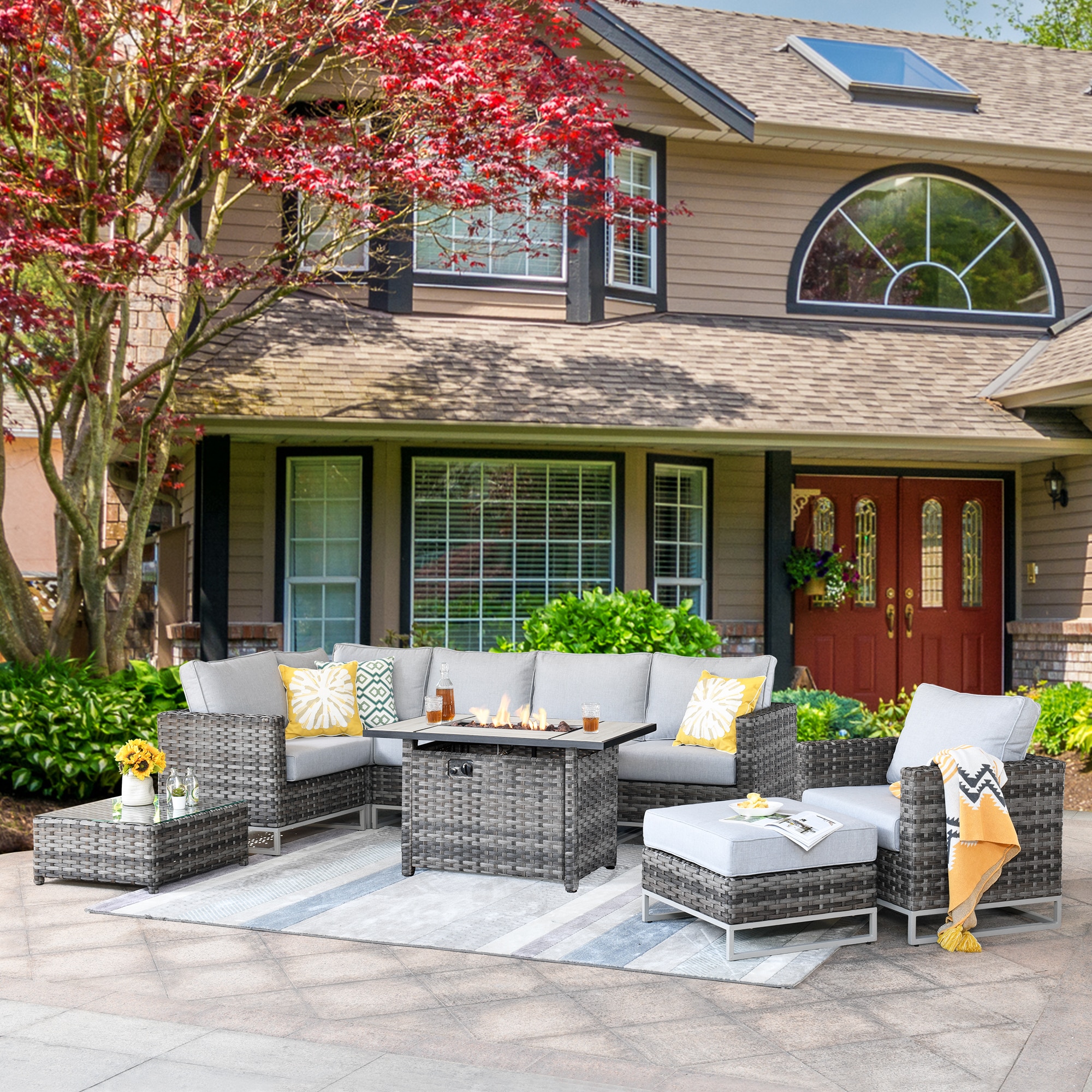 weaxty HMBCFPBNZ4H 9-Piece Rattan Patio Conversation Set with Gray Cushions