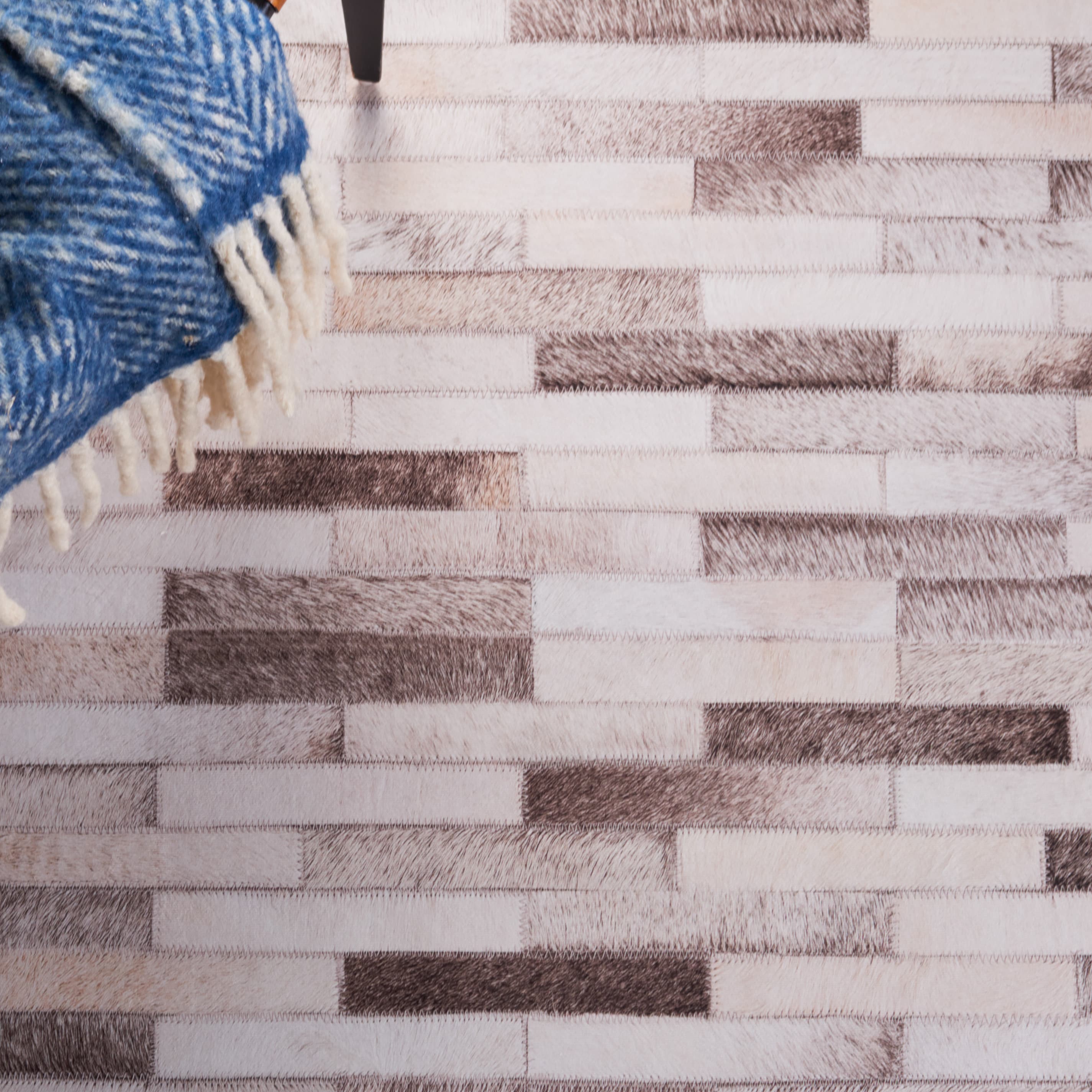 Beige and Brown Faux Fur Rectangular Washable Rug