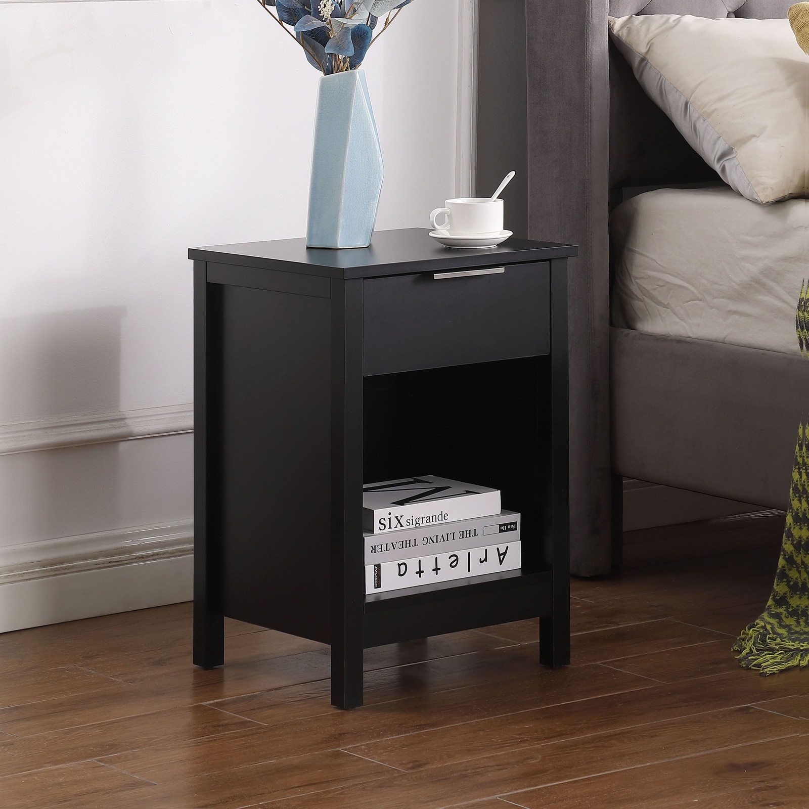 Horizons Prime - 16 inch Retro Black 3-Tier Nightstand with Storage Drawer and Open Shelf for Bed...