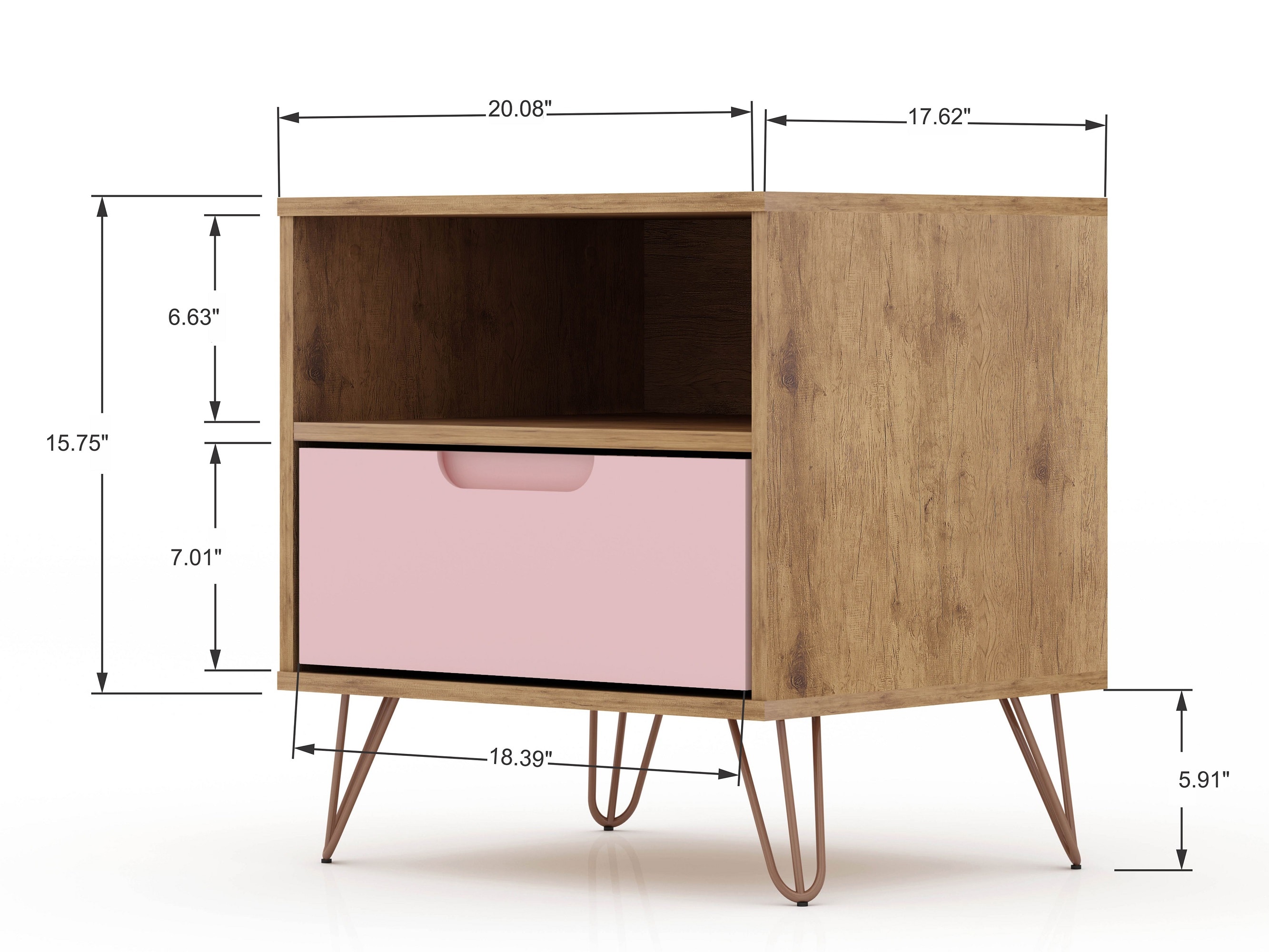 Mid-Century Rose Pink & Natural Nightstand with Metal Legs