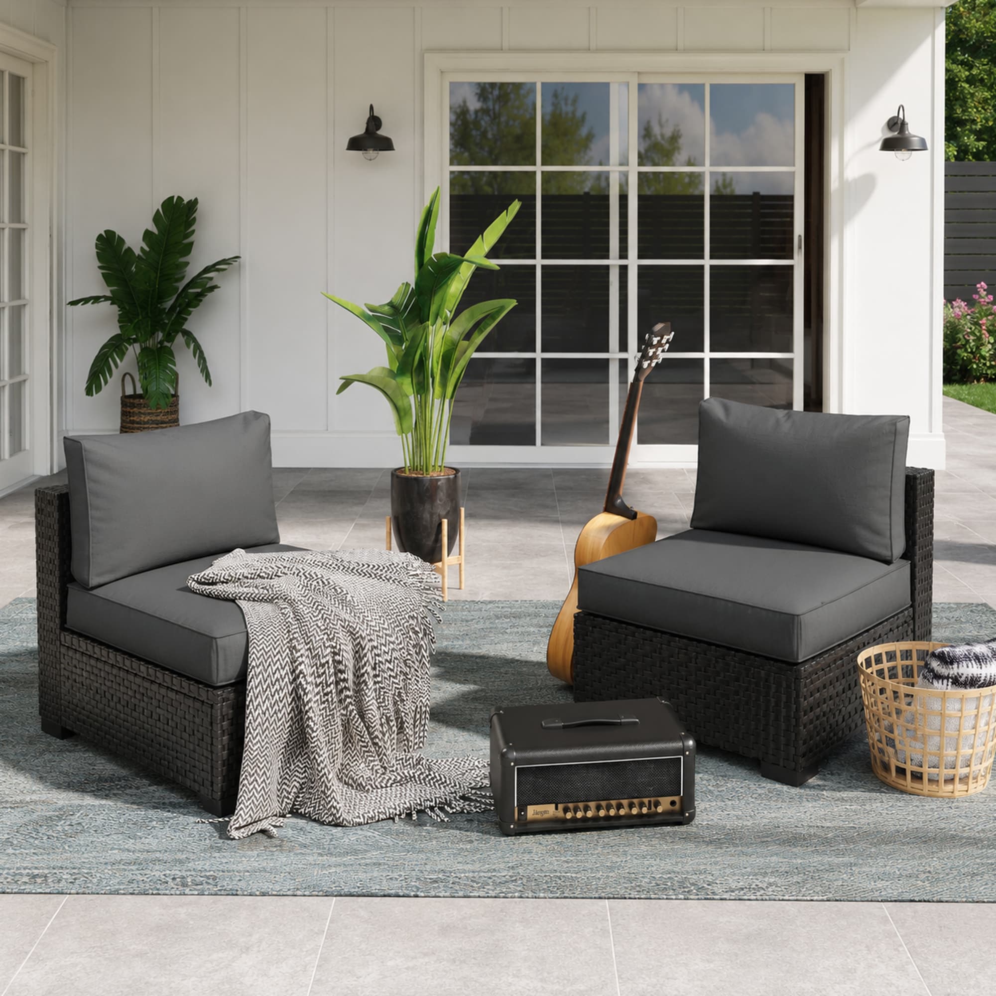 HYALON 2-Piece Wicker Rattan Outdoor Patio Conversation Sectional Seating Set with Coffee Tables and Gray and Blue Cushion for Two Seats