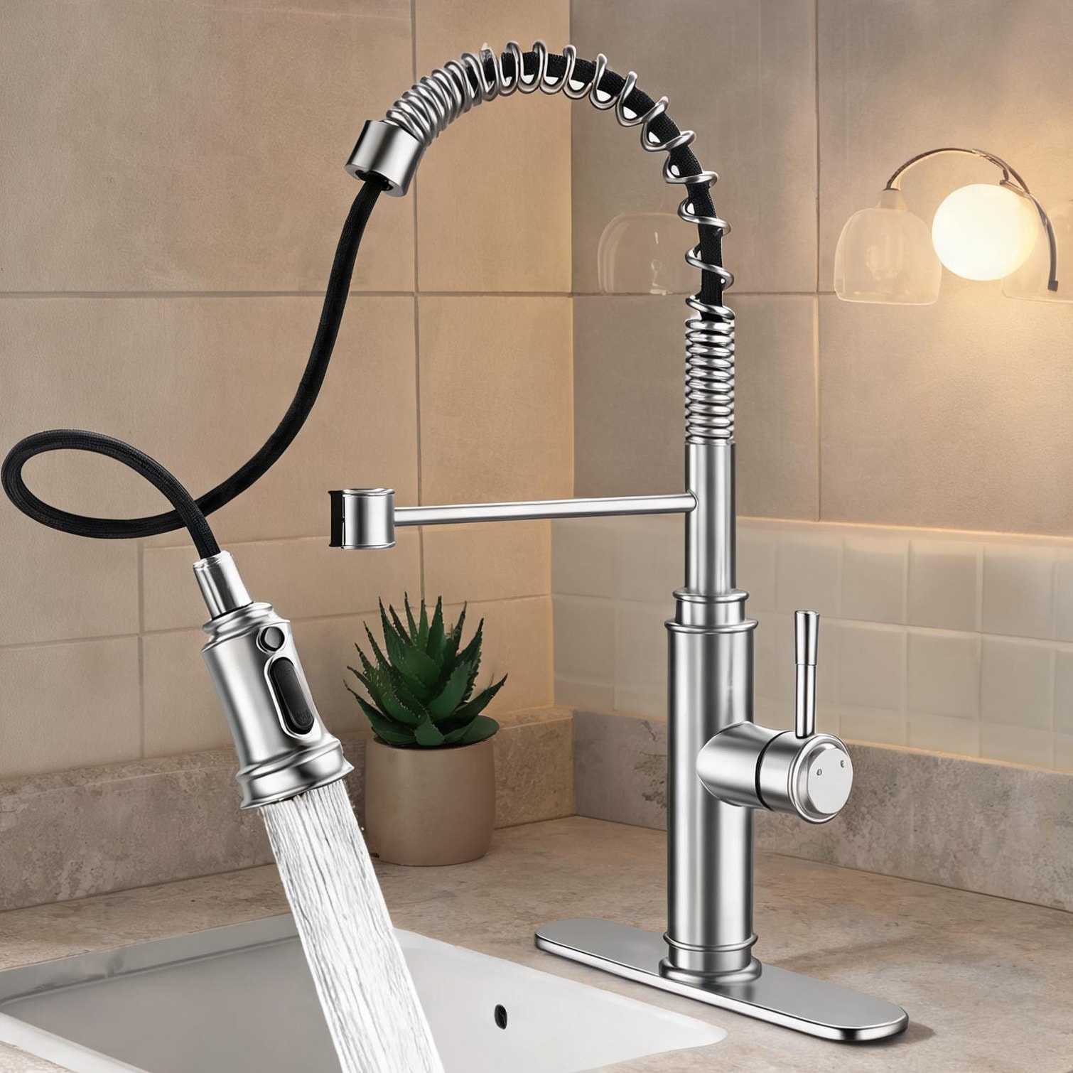 Naturefalls - Brushed Nickel Kitchen Faucet with Pull-Down Sprayer and 360 Swivel Spout