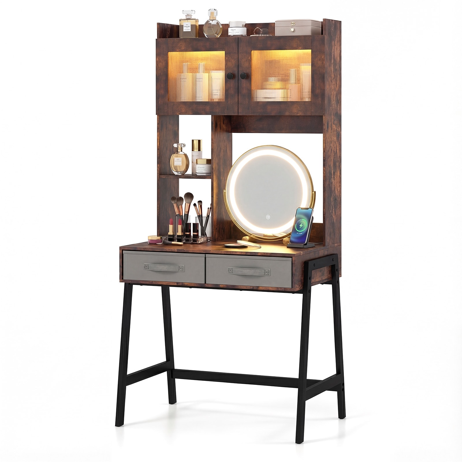 Slickblue Vanity Desk with 360 Degree Rotating LED Mirror Storage Cabinet Open Shelves and Fabric Drawers Bedroom or Dressing Area Use 32.5 in W Rustic Brown
