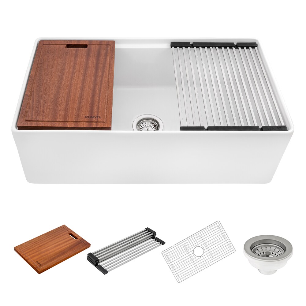 Ruvati Farmhouse Apron Front 33-in x 18.37-in White Fireclay Single Bowl Workstation Kitchen Sink