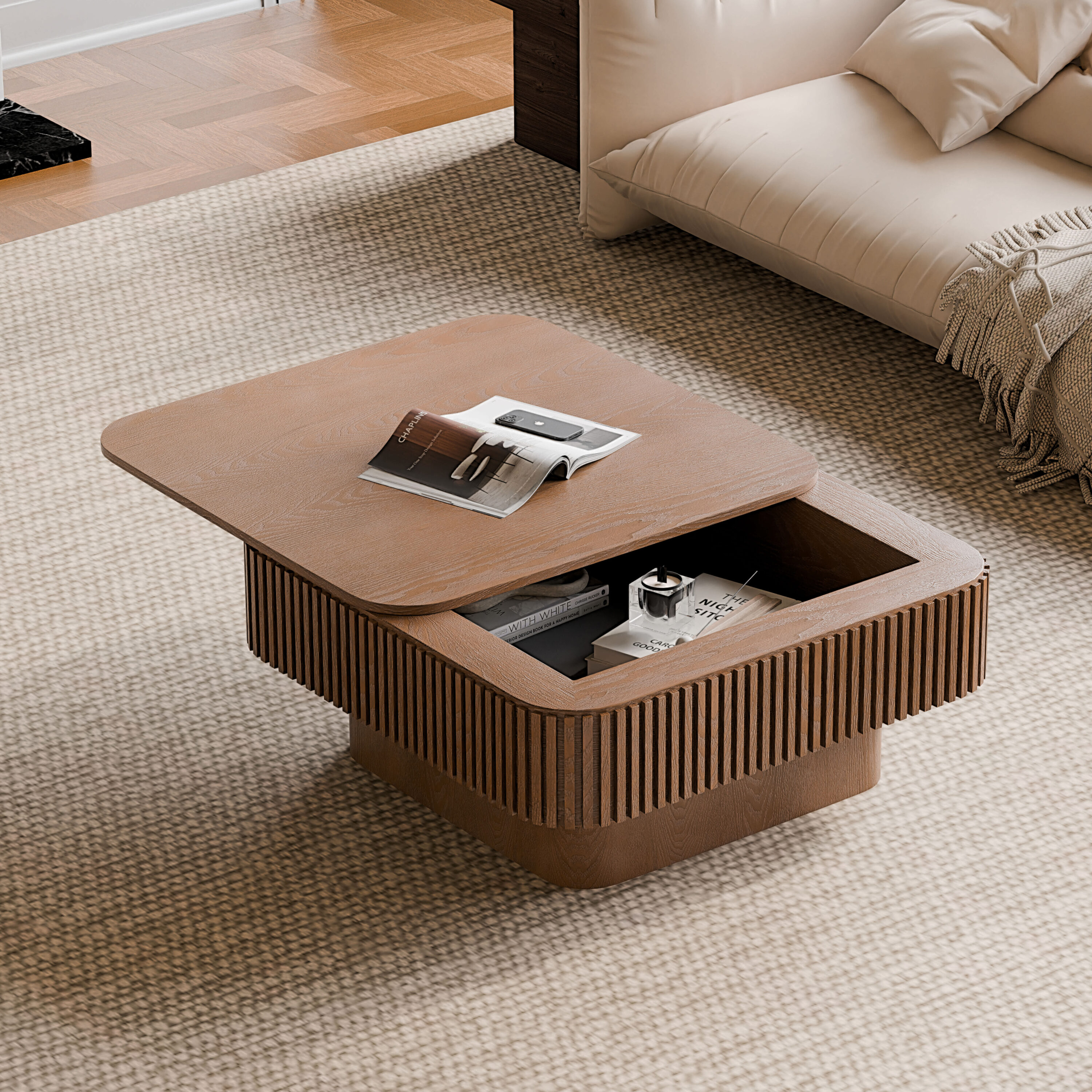 Vynxaria 32 Inch Square Coffee Table Walnut Solid Wood Veneered