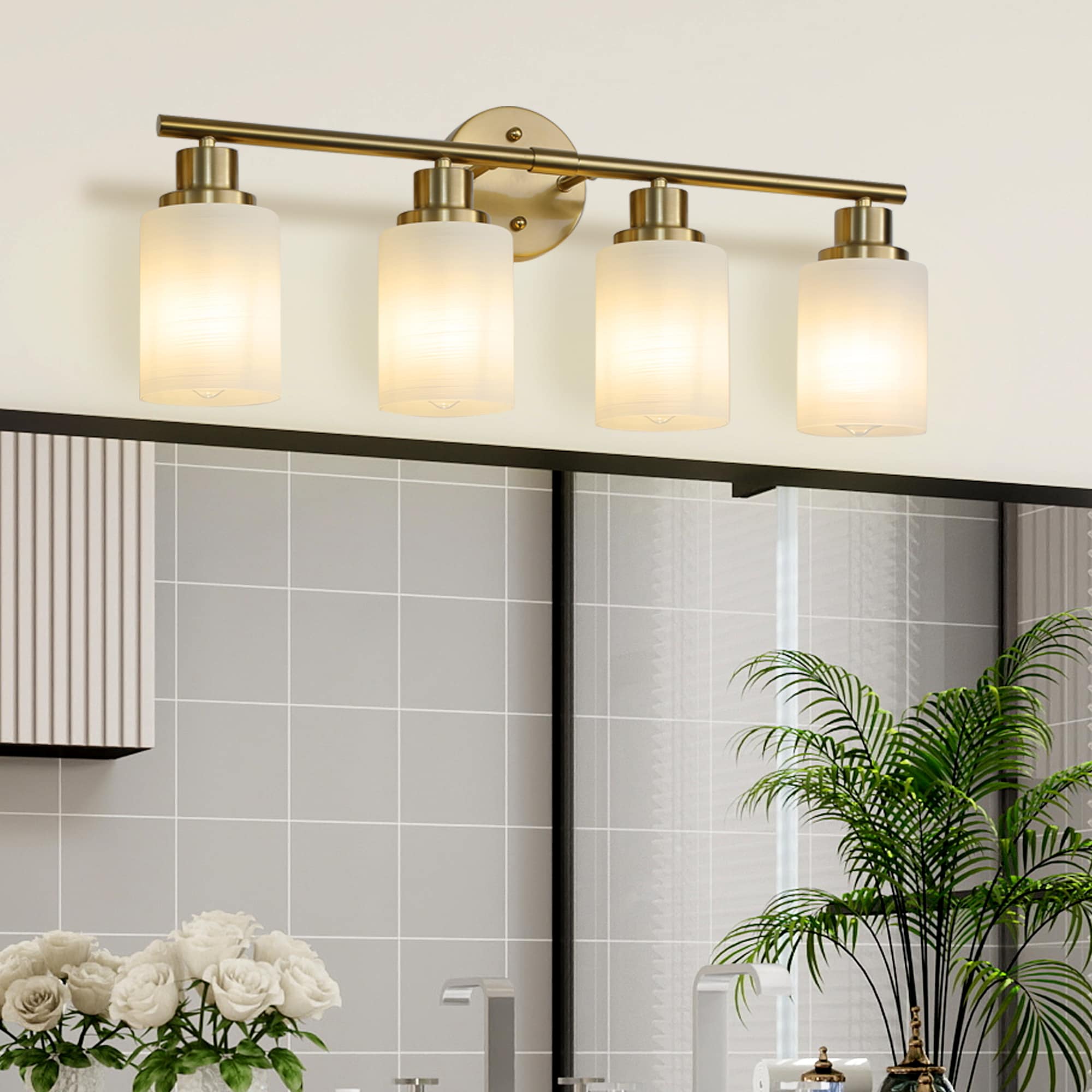 Cuschoice 24 in. 4-Lights Golden Vanity Light Wall Sconce with Frosted Glass Shades for Bathroom Lighting - Bulbs Not Included