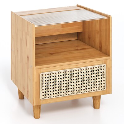 Slickblue 1 Pc- Natural Bamboo Rattan Nightstand with Drawer Open Compartment and Tempered Glass Tabletop for Bedroom or Living Room