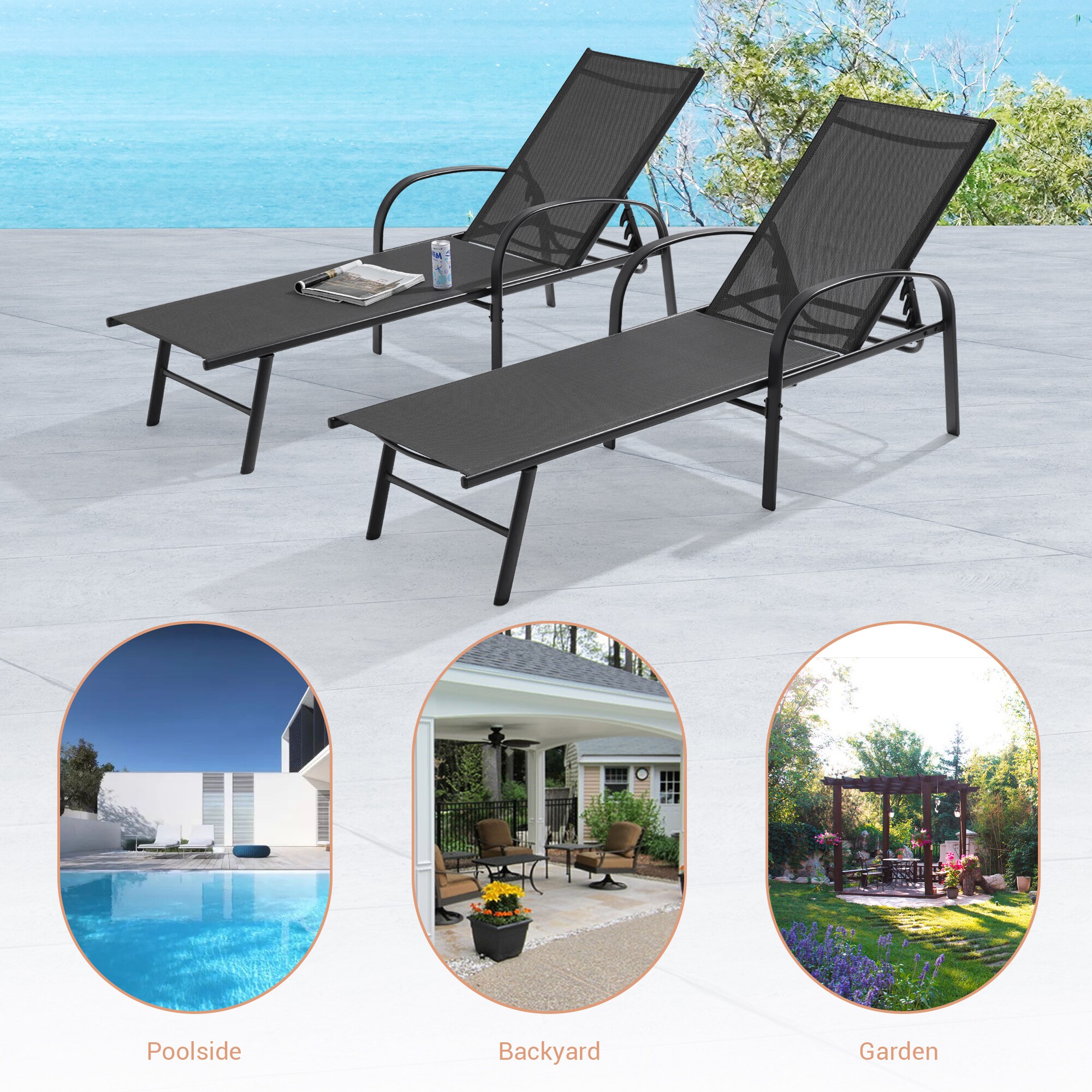 ACEGOSES Patio Lounge Chair Set of 2 Black Steel Frame Stationary ...