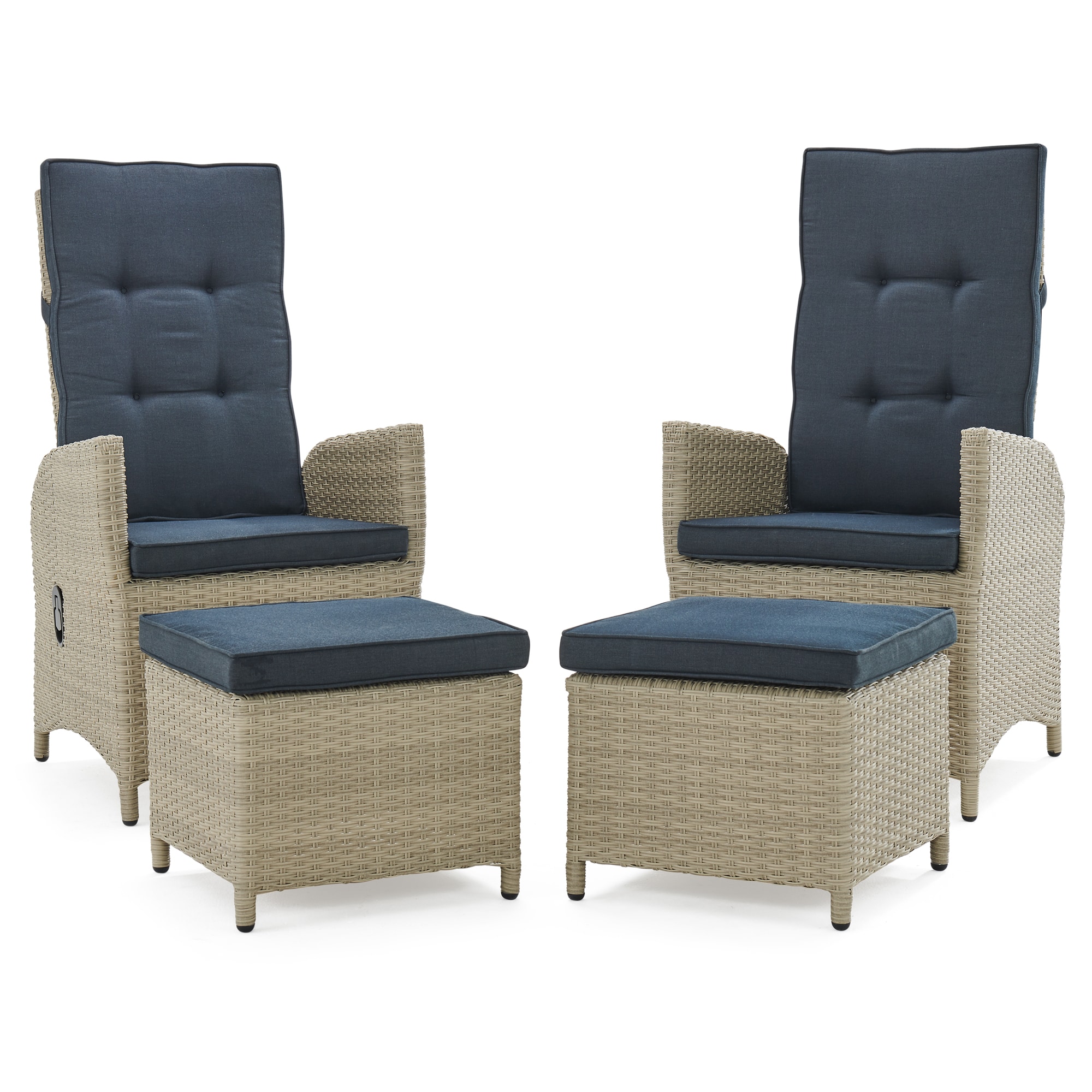 Haven 5-Piece Gray Wicker Recliner Set with Blue Cushions
