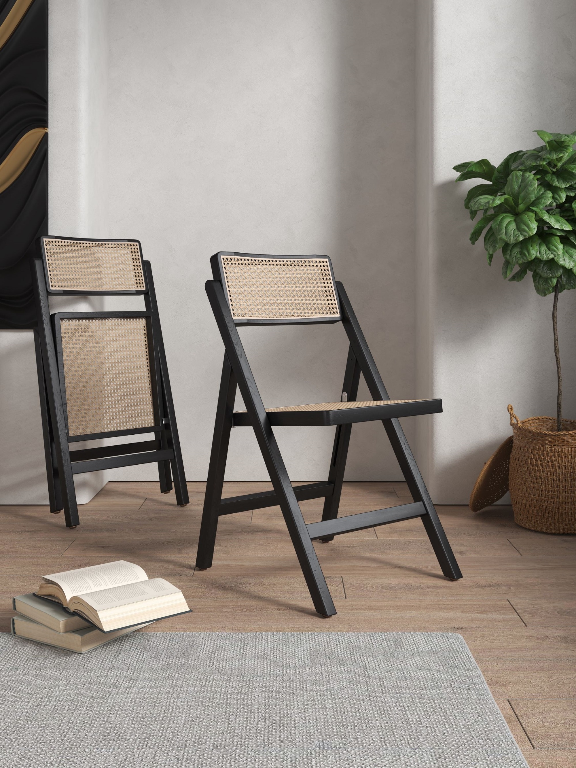 Black and Natural Cane High Folding Side Chair Set