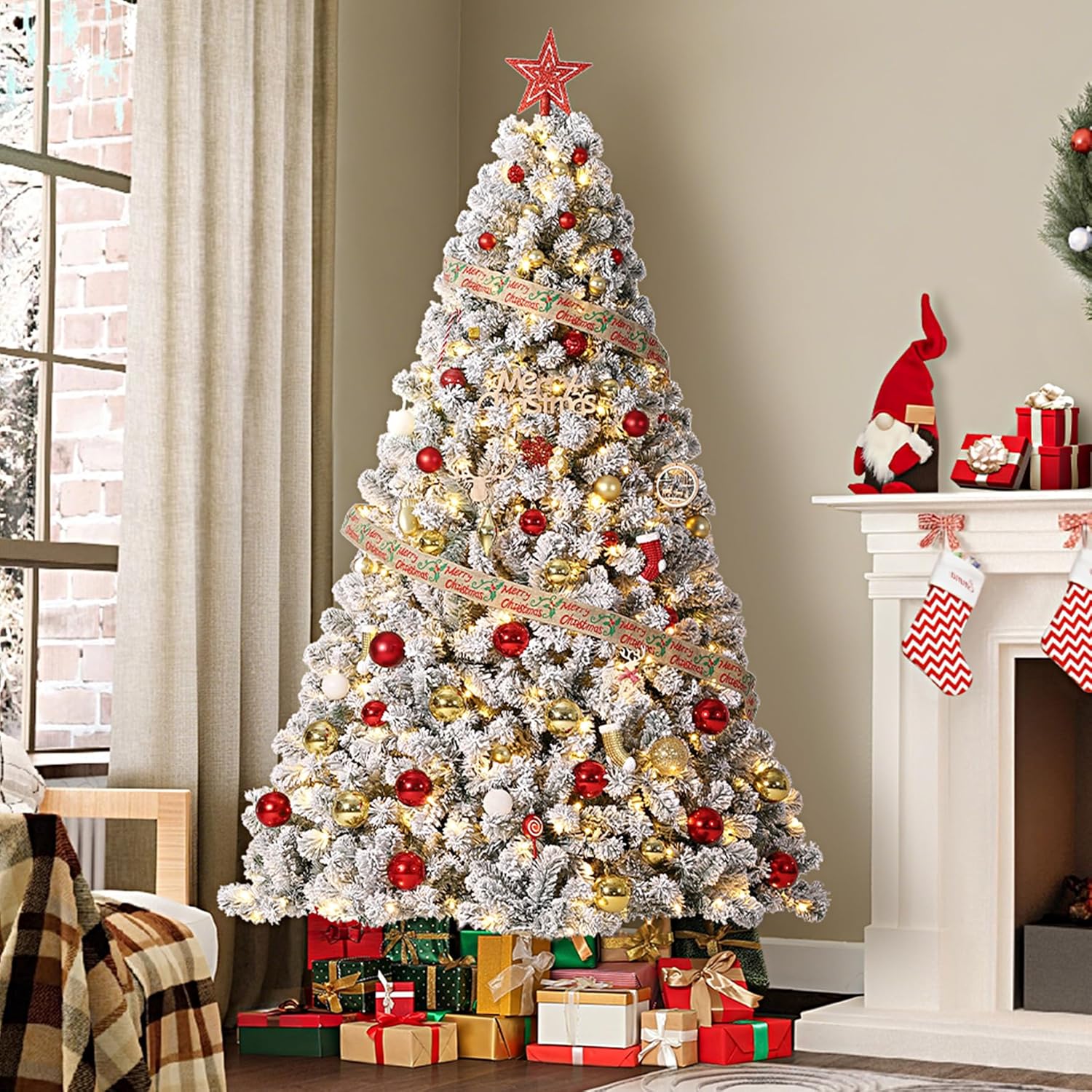 Der Rose 7.5FT Pre-Lit Artificial Christmas Tree Christmas Pine Tree with 450 Warm White LEDs 1050 Branch TipsPure PVC Holiday Trees with Metal StandEasy Assembly - Indoor Xmas Decor for Home Office Party Lighting Decoration Light Decoration