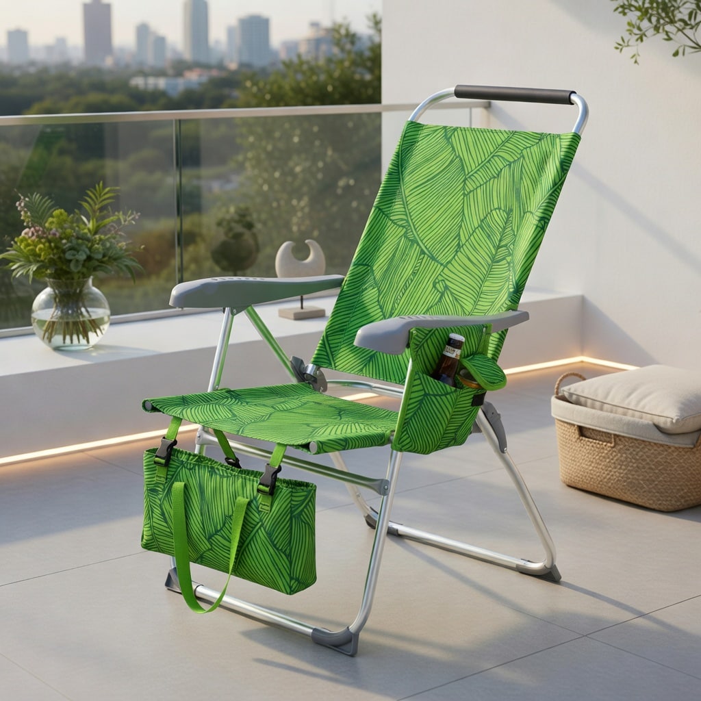 VERYKE 17 Inch High Beach Chair for Adults - Foldable Aluminum Camping Chair with 7-Position Recline, Padded Headrest, Cup Holder, Side Pocket and Detachable Tote Bag - Summer Palm Print Oxford Fabric - 265 lbs Capacity