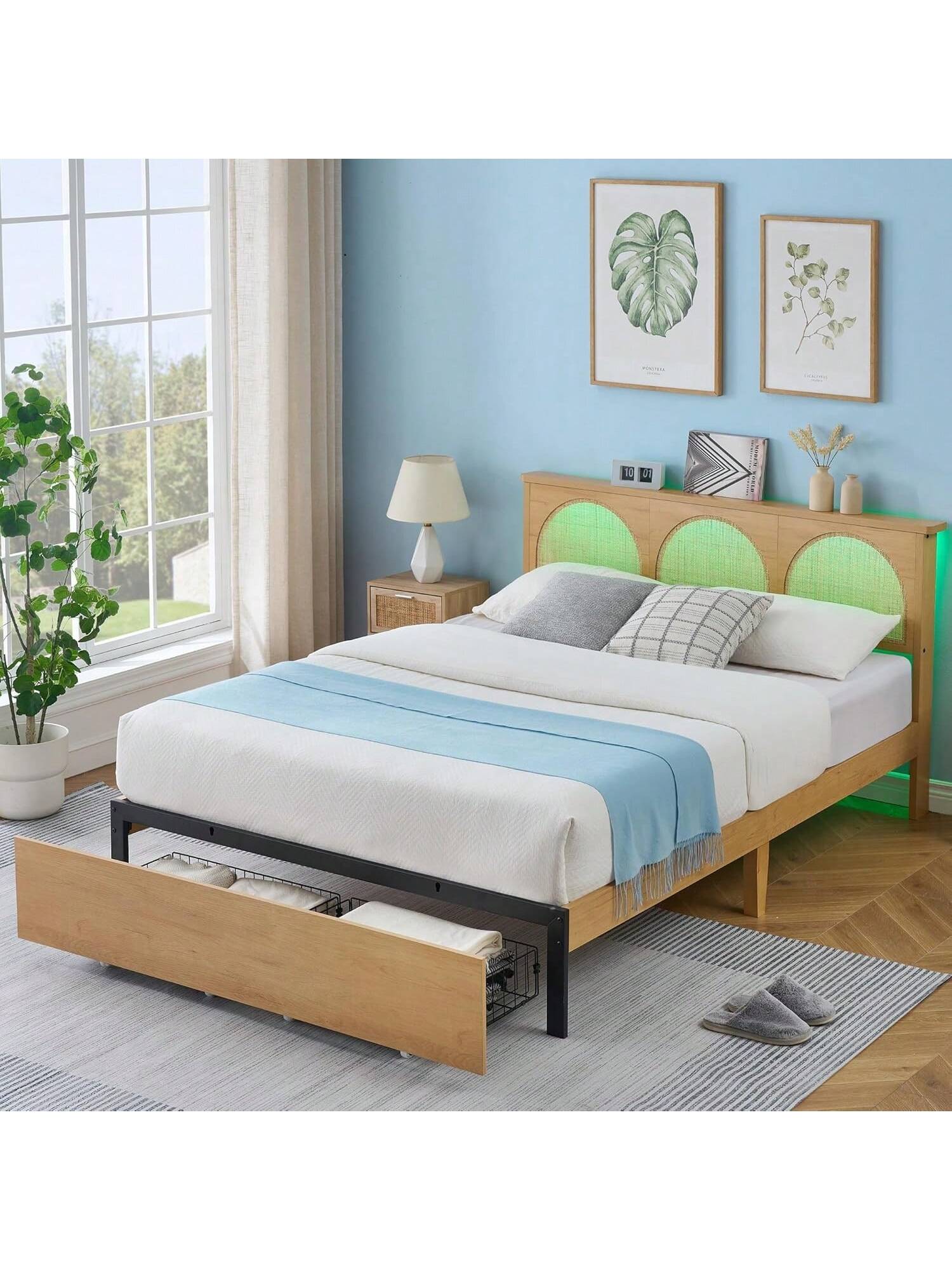Qeetex PHO-13X4RZQT-HF4 Queen Size Bed Frame With Natural Rattan Headboard. With Natural Rattan Headboard And 2 Storage Drawers. With LED And Metal Platform .Boho Cane Platform Bed Frame King Size