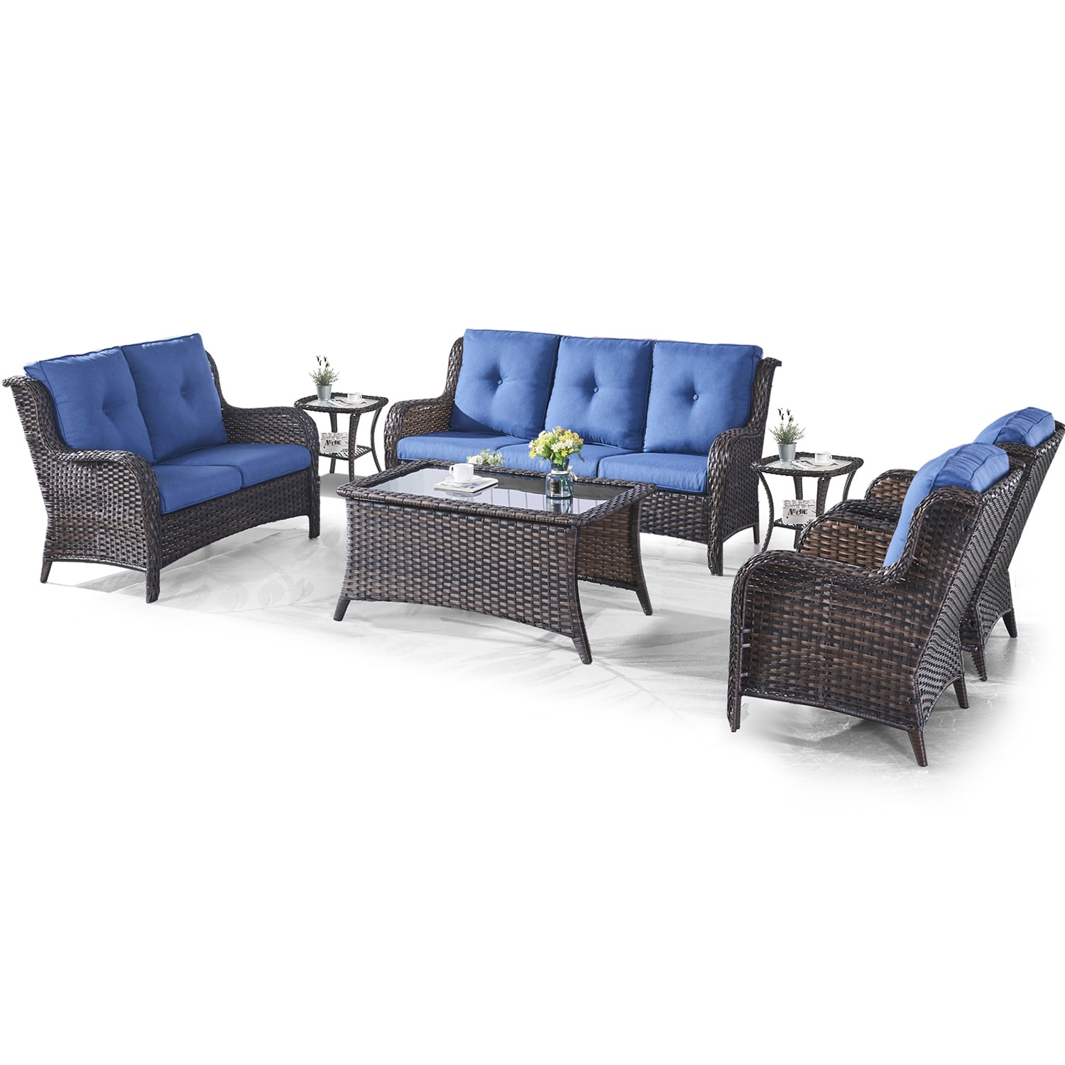 Rilyson FS1338006018025X2-1 Curved Handrail 7 -Piece Wicker Patio Sofa Conversation Set with Blue Cushions