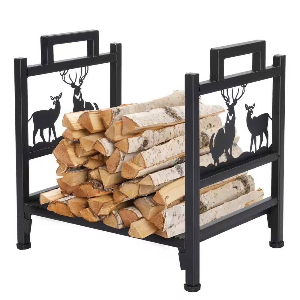 Slickblue D-FR-847 1.5 Ft Metal Firewood Rack with Deer Pattern Indoor or Outdoor Fire Pit and Fireplace Storage for Backyard or Indoor Firewood Organizer 13 in D x 17.9 in W x 17.4 in H - Black