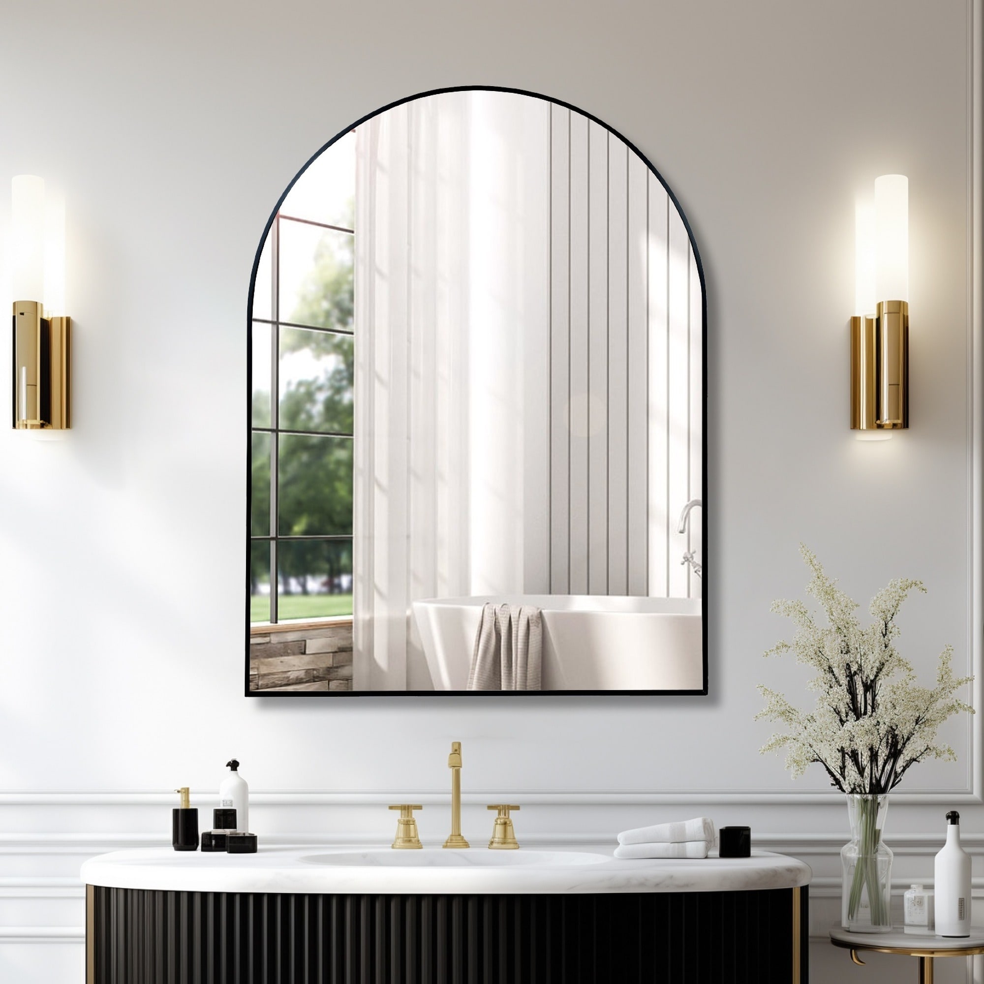 IAK 30 inch x 40 inch Black Metal Framed Arched Bathroom Mirror with High Definition Glass