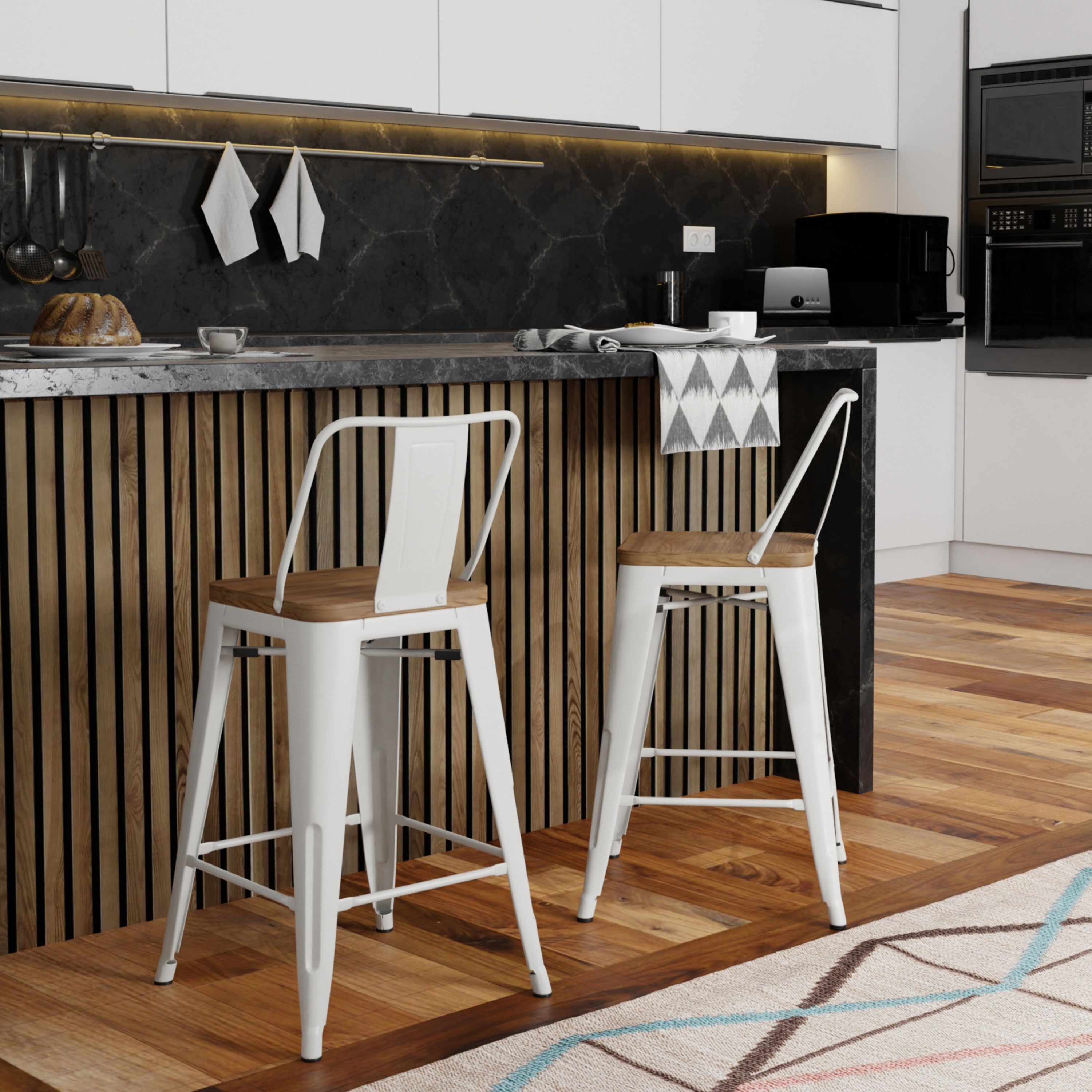 Rayne 24-Inch White Metal and Elm Wood Counter Stool Set