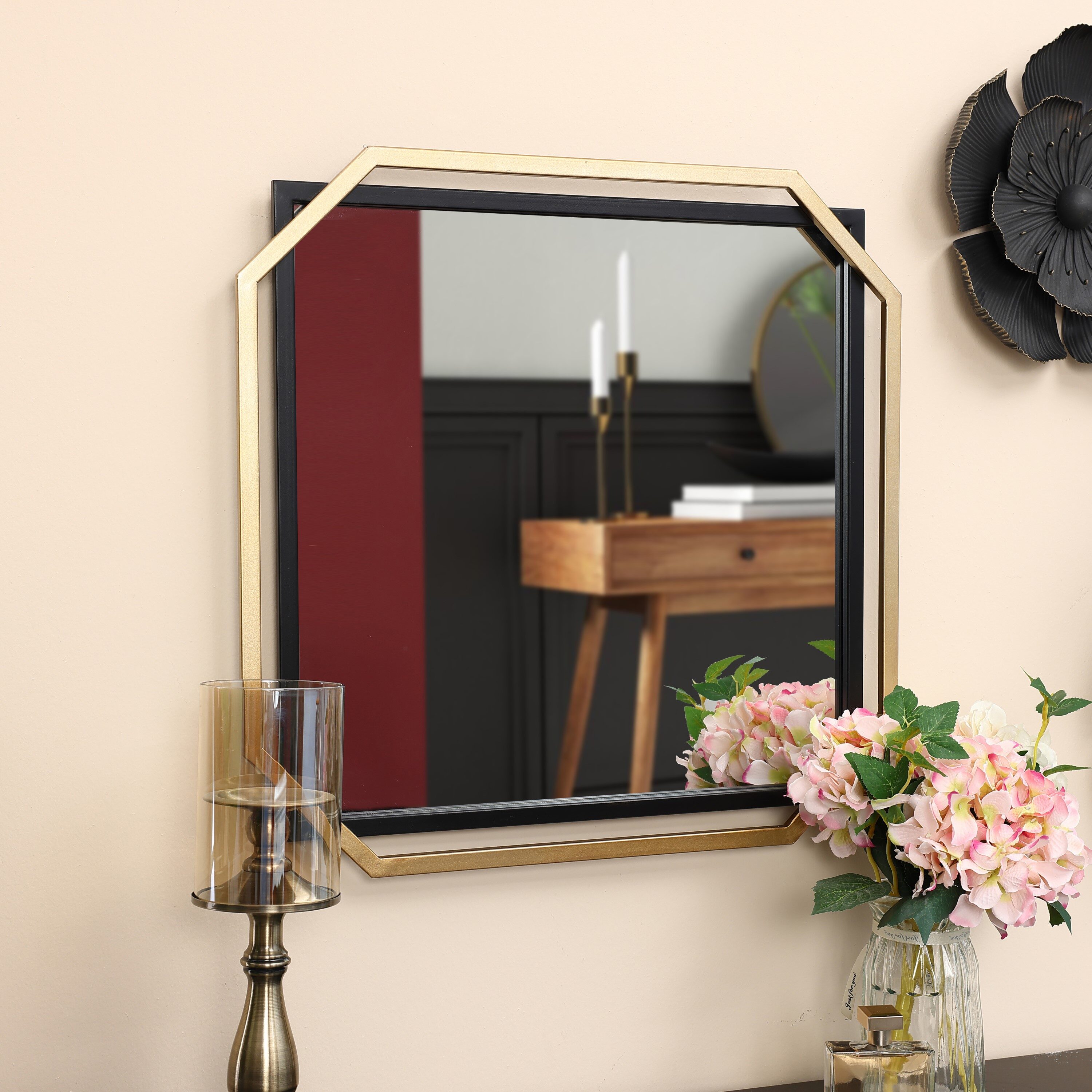 Square Gold and Black Metal Floating Frame Wall Mirror