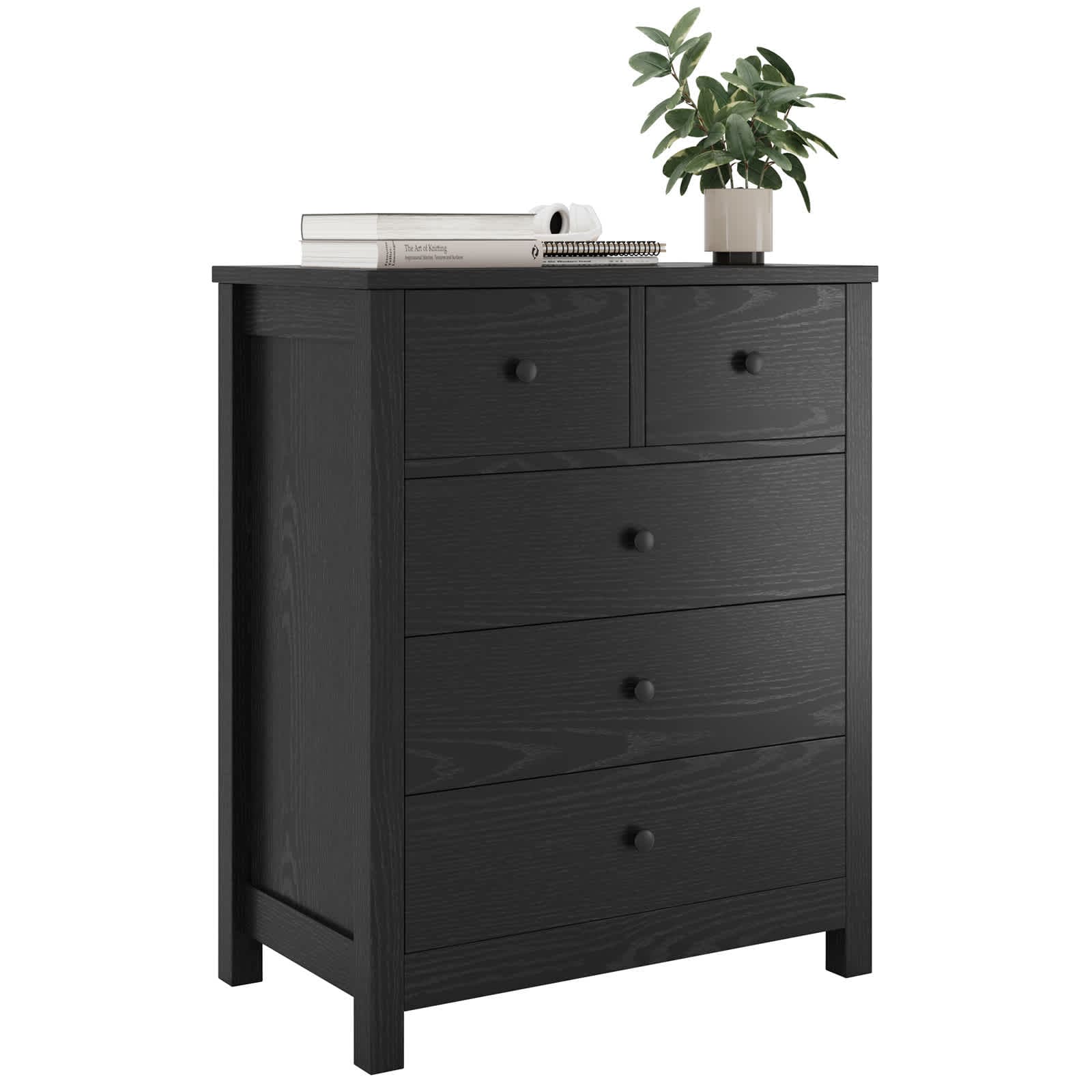 Qeetex D23PHO0X4Q7DF7 5 Drawer Dresser with Round Handles and Waterproof Particle Board Surface for Bedroom Black