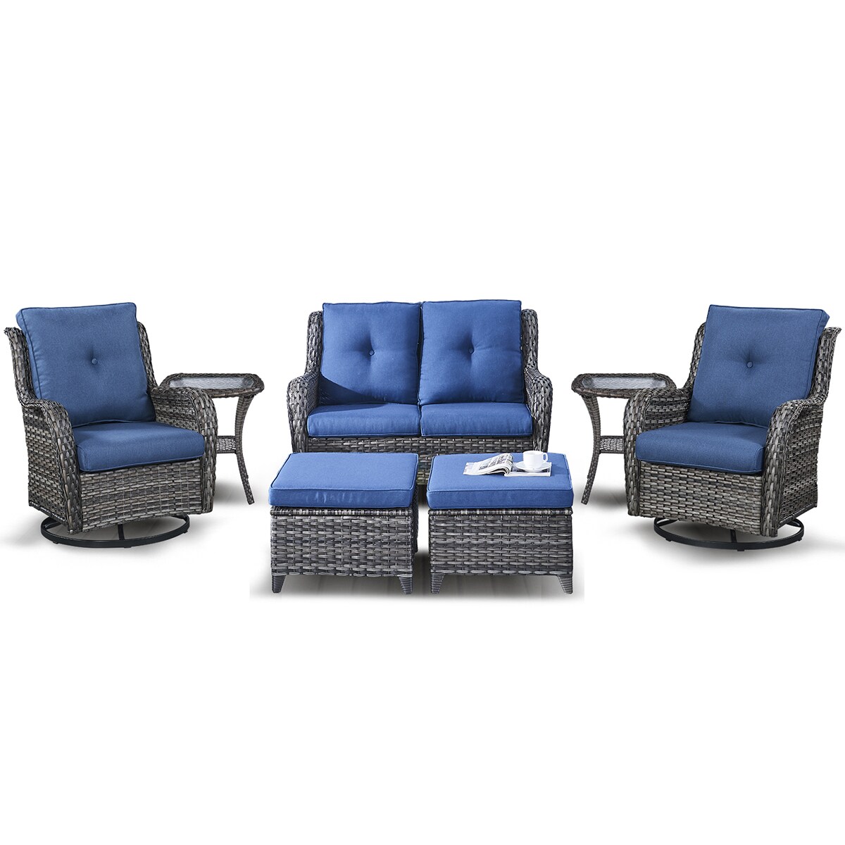 Rilyson FS039026X2024016-1 7 -Piece Wicker Patio Conversation Set with Blue Cushions