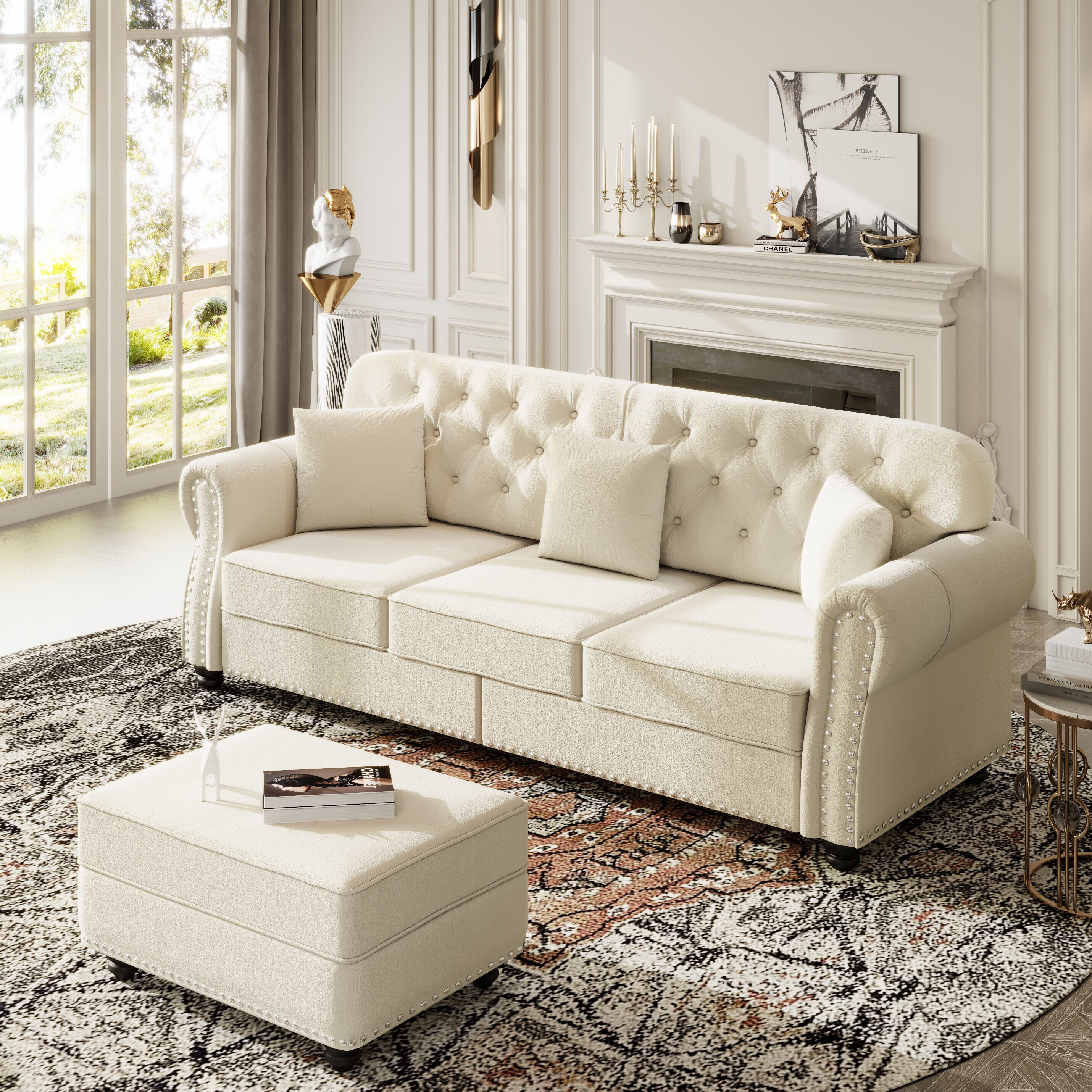 LOVMOR 3 Seat Tufted Sofa Velvet Beige White Couch with Ottoman for ...