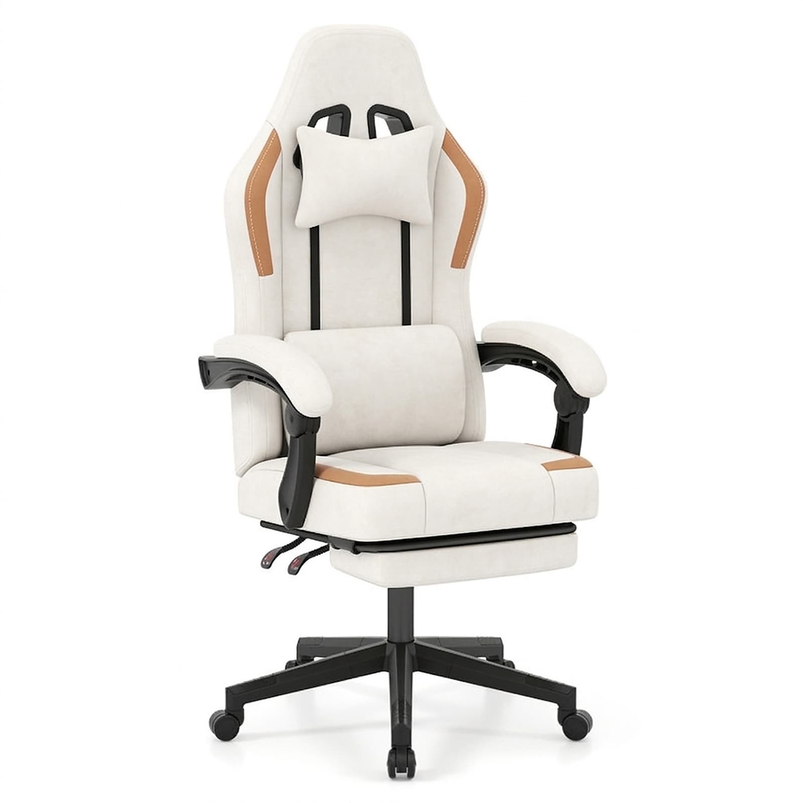 SUGIFT Ergonomic High-Back Gaming Chair with Adjustable Headrest Retractable Footrest 135-Degree Reclining Backrest 360-Degree Swivel Padded Linkage Armrests Leathaire 5-Claw Metal Base 330-lb Capacity 18-in to 20.5-in Seat for Home Office Beige
