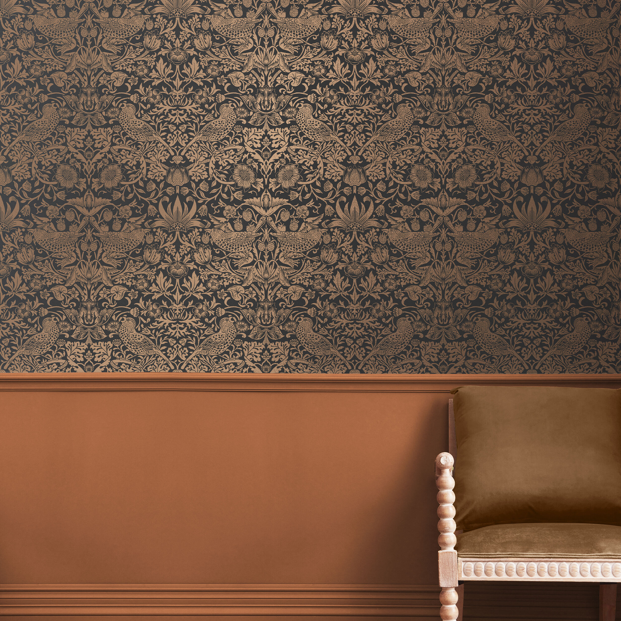 Strawberry Thief Charcoal and Copper Vinyl Wallpaper Double Roll