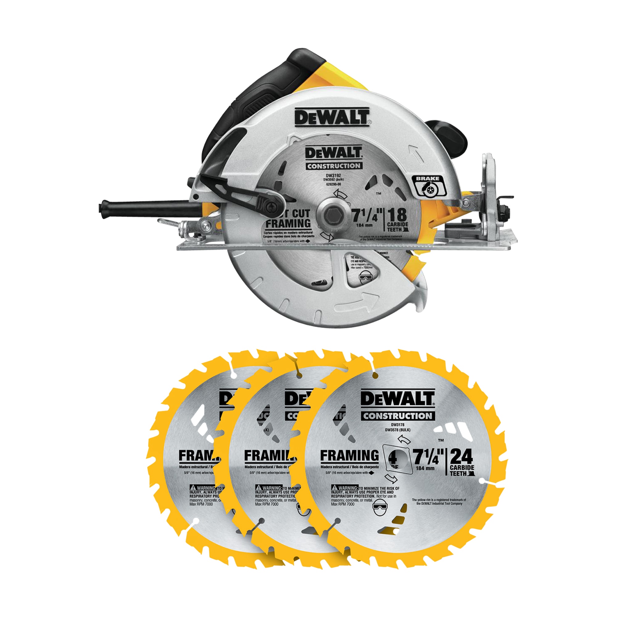 DEWALT 15-Amp 7-1/4-in Corded Circular Saw & Construction 3-Pack 7-1/4-in 24-Tooth Tungsten Carbide-tipped Steel Circular Saw Blade