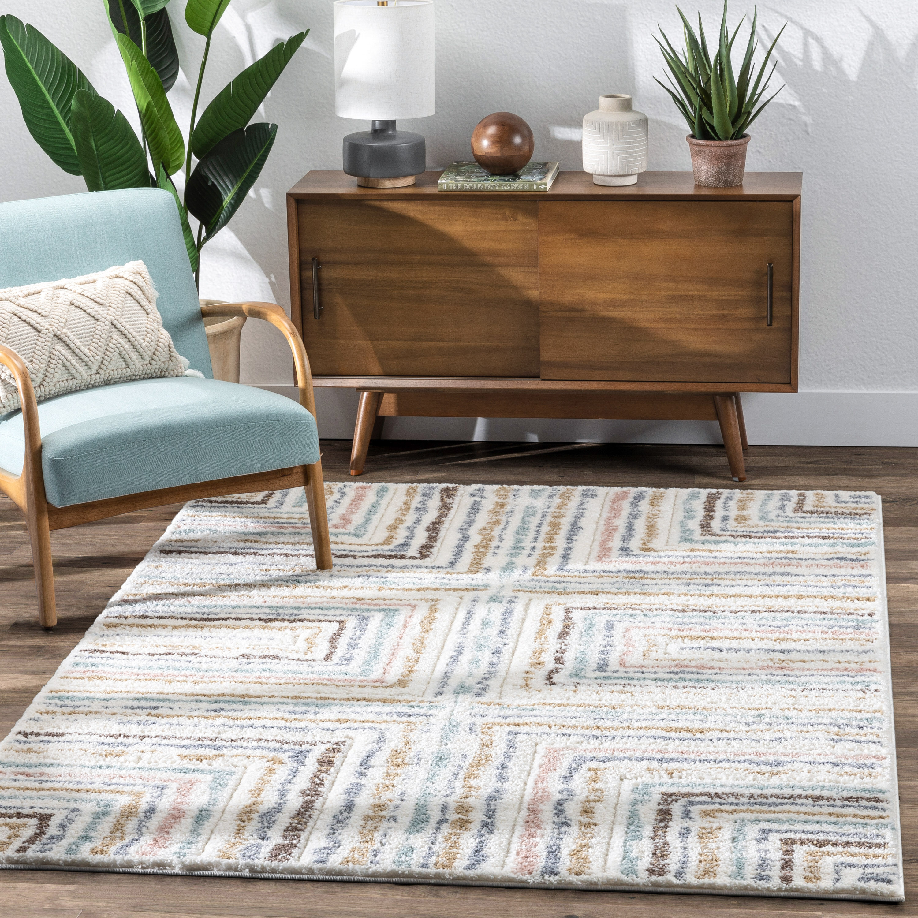 Well Woven DEL-62-5 Delia 5 x 7 (ft) Loomed Polypropylene Ivory Rectangular Indoor Stripe Mid-Century Modern Area rug