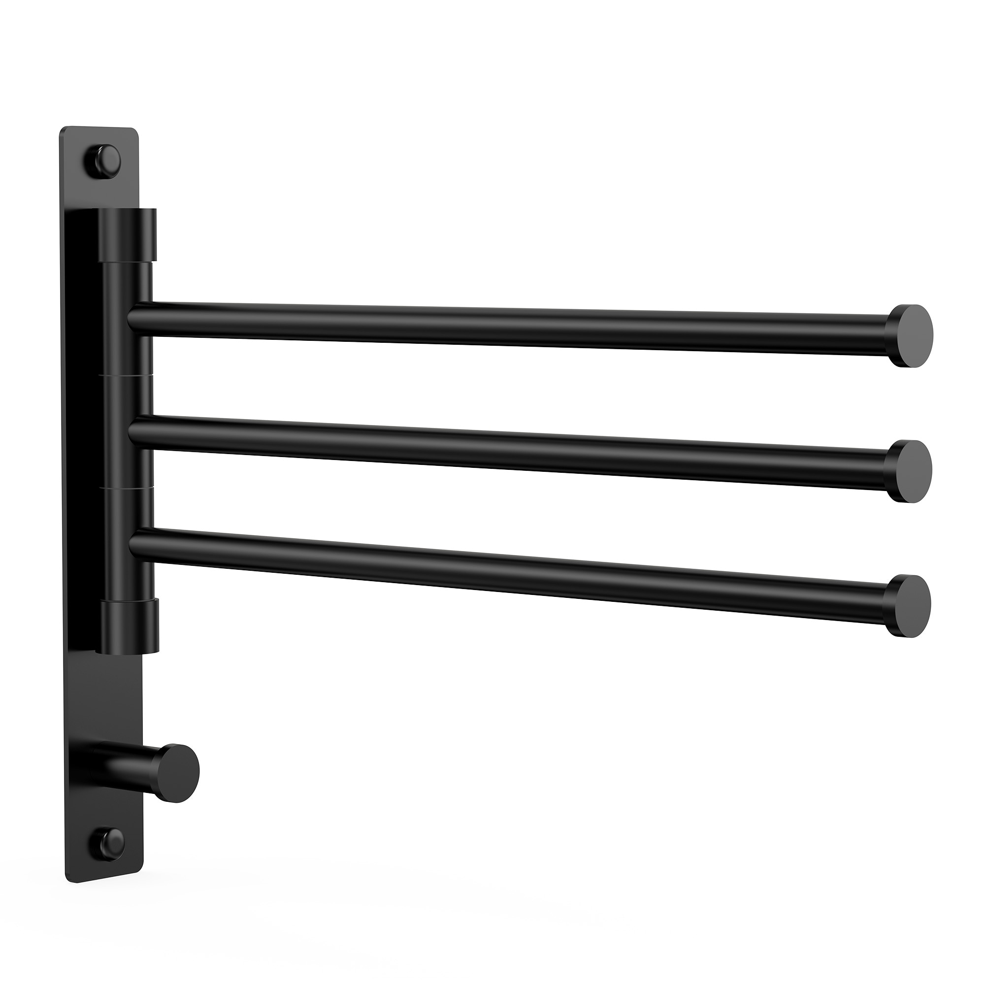 GRANDJOY  Matte Black Wall Mount Swivel Towel Bar Bathroom Organizer 3 Arms with Hooks Premium 304 Stainless Steel