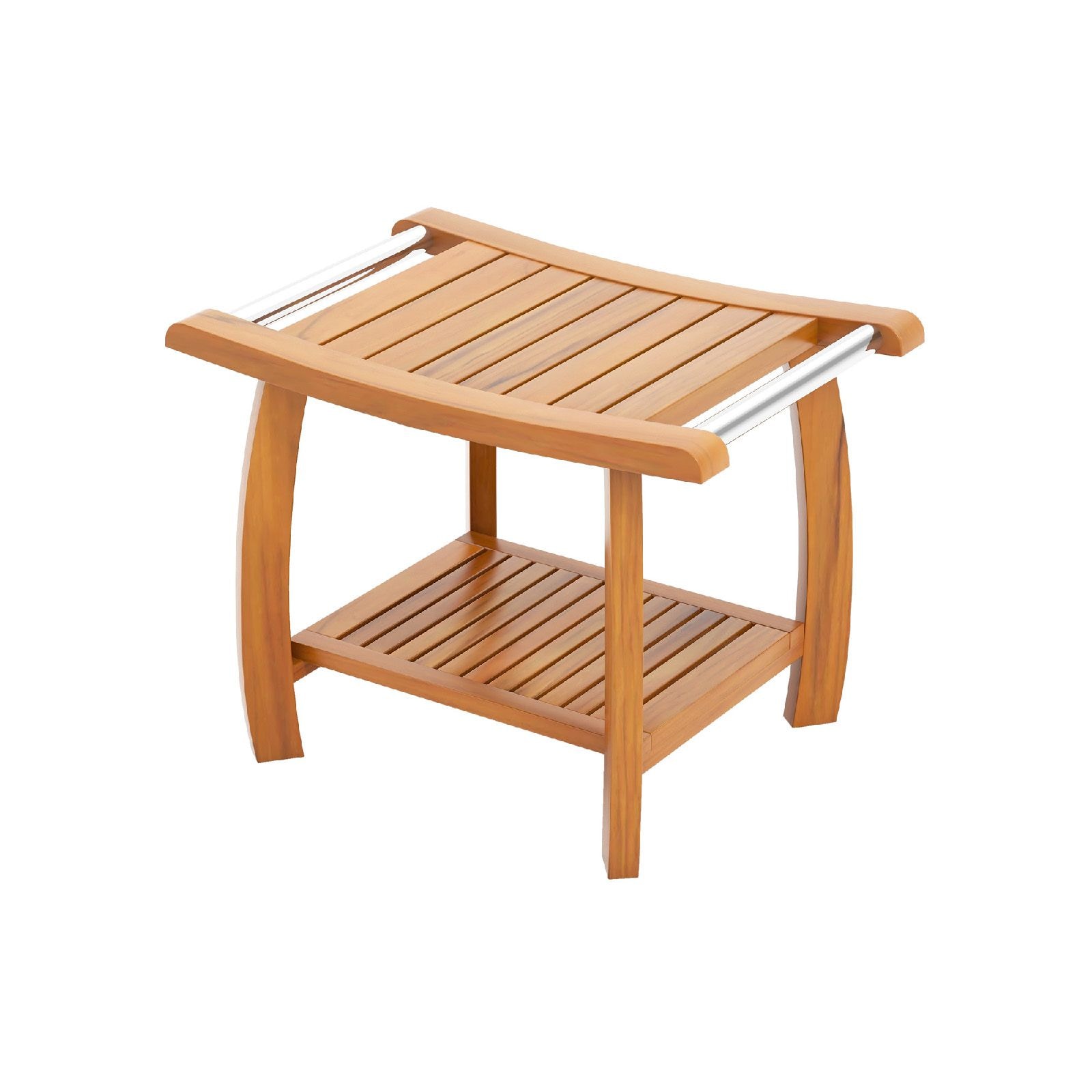 Slickblue Natural 24.5 inch W x 18.5 inch H Teak Wood Shower Seat Bench with Storage Shelf Curved Design and Stainless Steel Handles