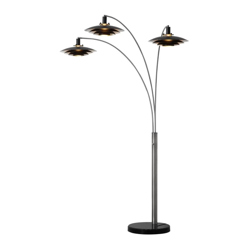 Antique Nickel 3-Light Arc Floor Lamp with Matte Black Shades