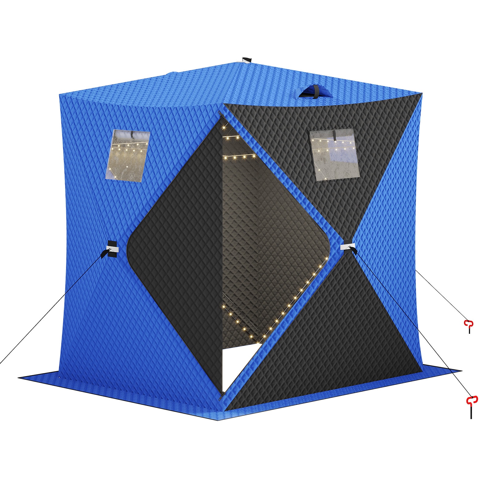 IdealHouse Insulated Pop-Up Ice Fishing Tent for 2-3 People - Ice Fishing Shelter with 49ft LED Light Strip - Windproof Portable Hub and Double Zippered Doors Design - 25 Sq. Ft. Fishable Area - Ideal Winter Ice Shanty for Outdoor Fishing - Blue and Black