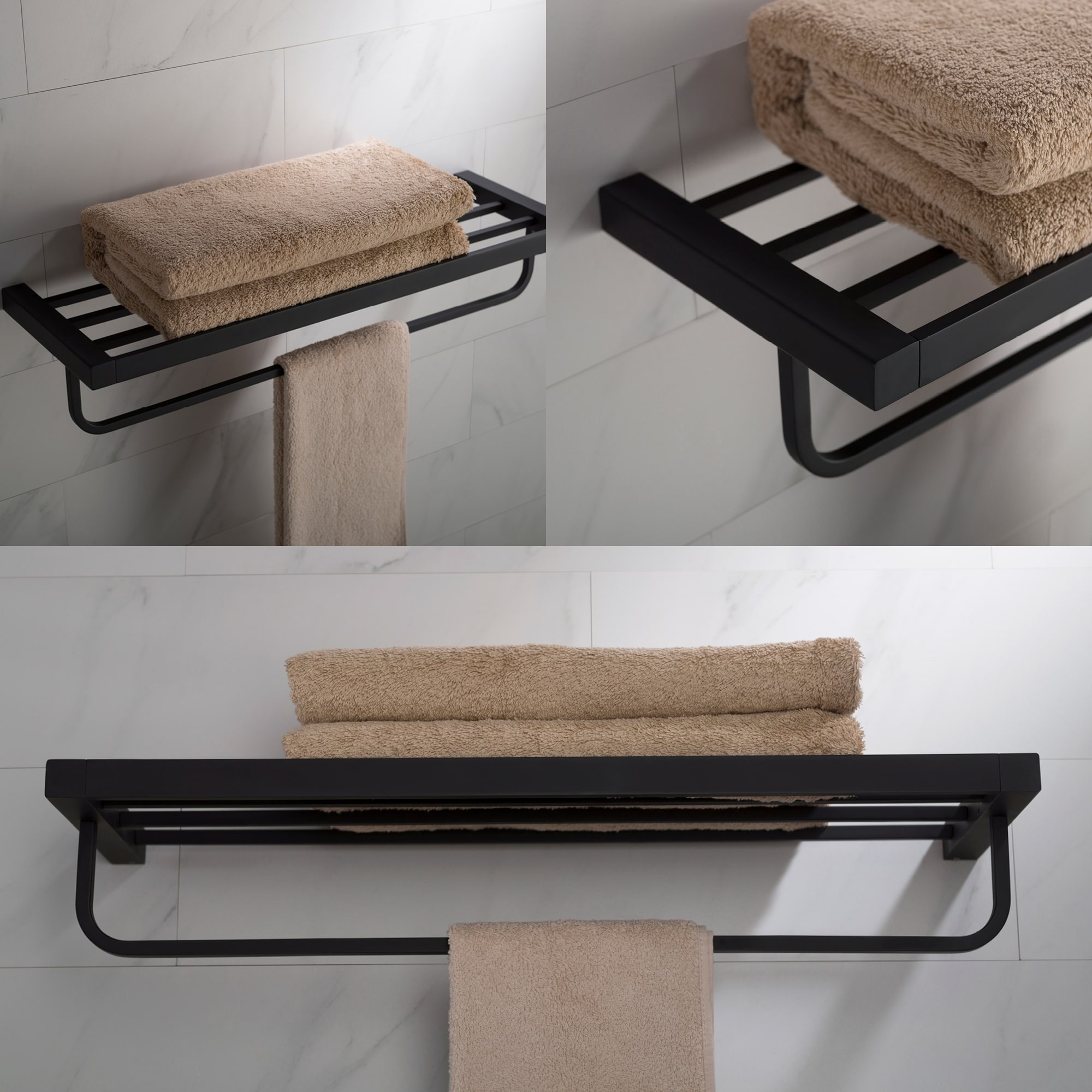 Matte Black Wall-Mounted Bathroom Shelf with Towel Bar