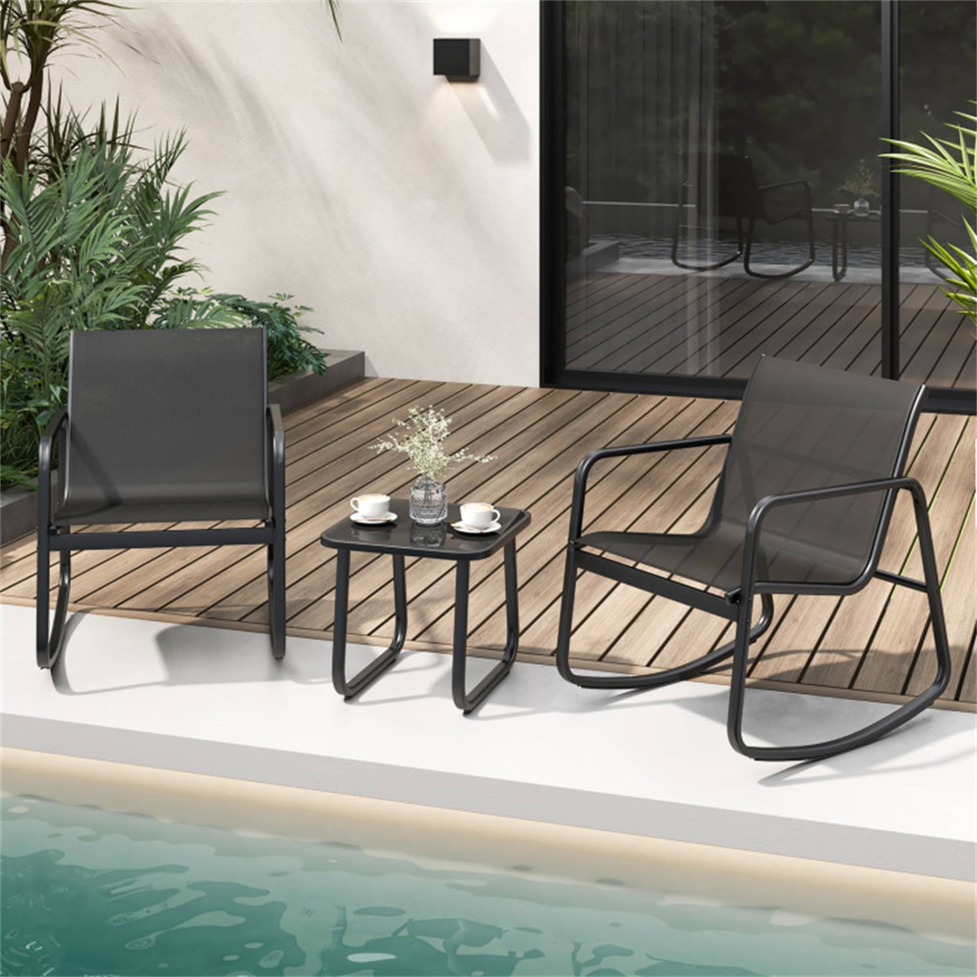 BABOOM BOM-690317-OR Patio Rocking Chair Conversation Sets 3 -Piece Patio Conversation Set with Black