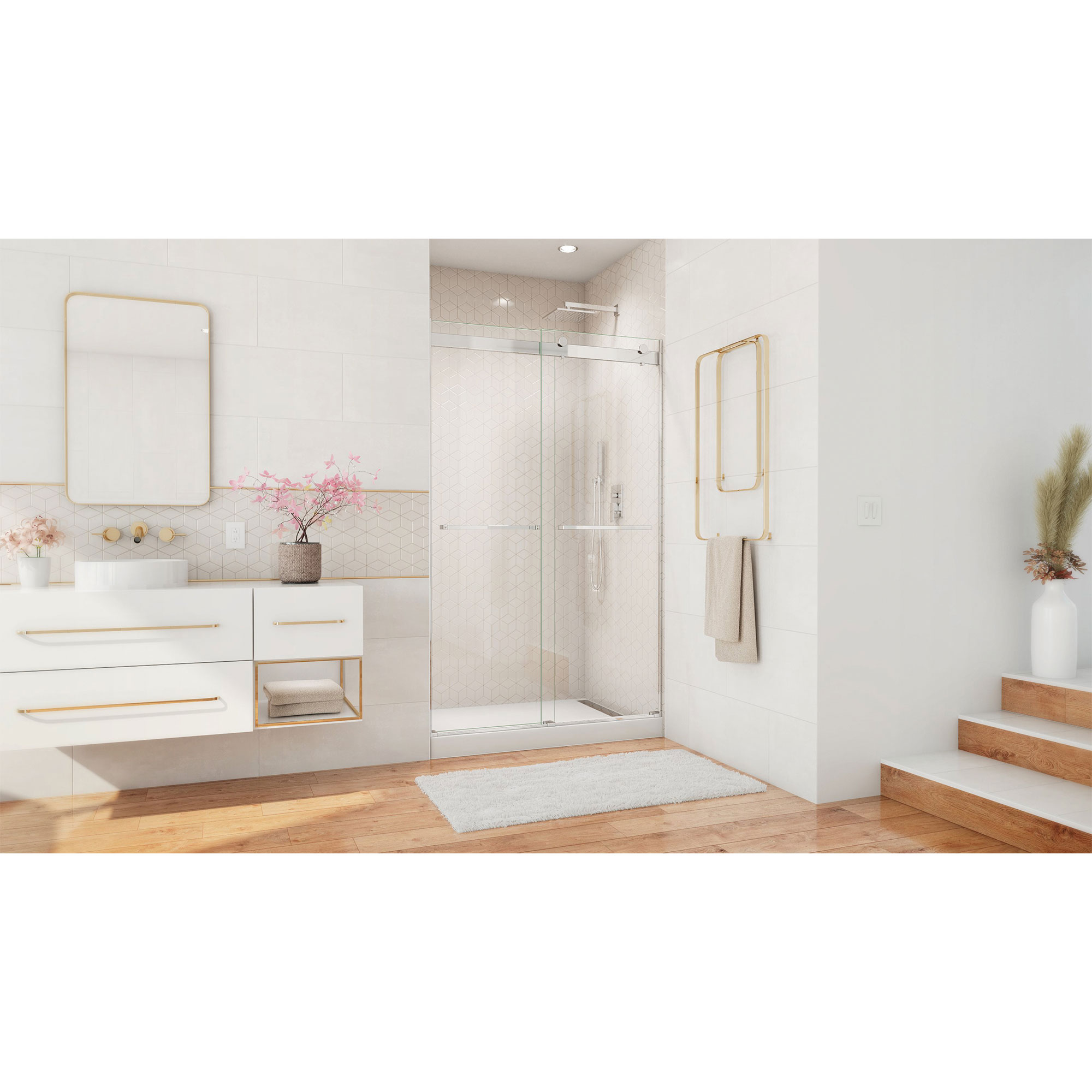 Clear Frameless Sliding Shower Door with Brushed Nickel Hardware