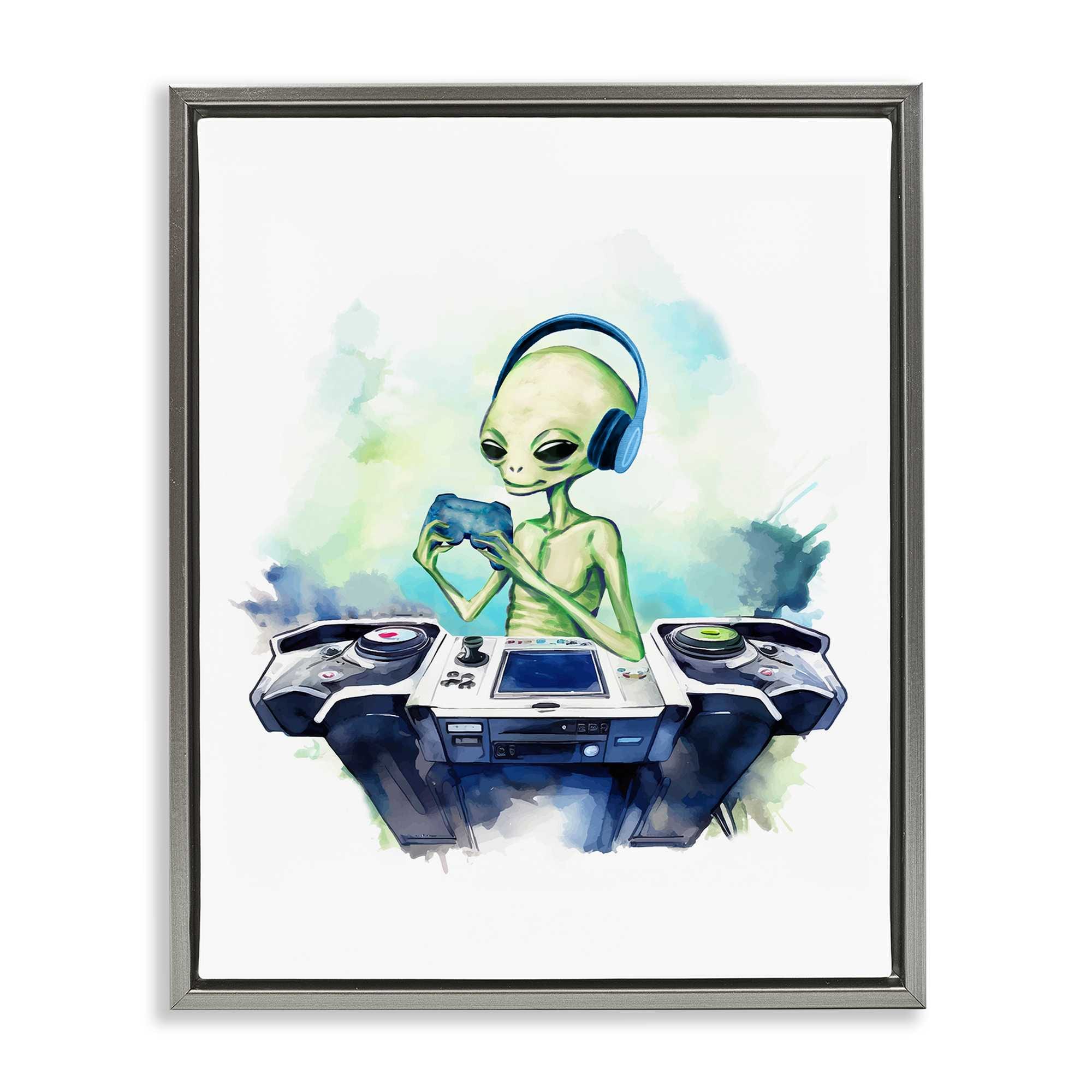 Stupell Industries BT-173-FFL-16X20 Tech Alien Playing Video Games Gray Framed Floater Canvas Wall Art By Lil' Rue 17 x 21