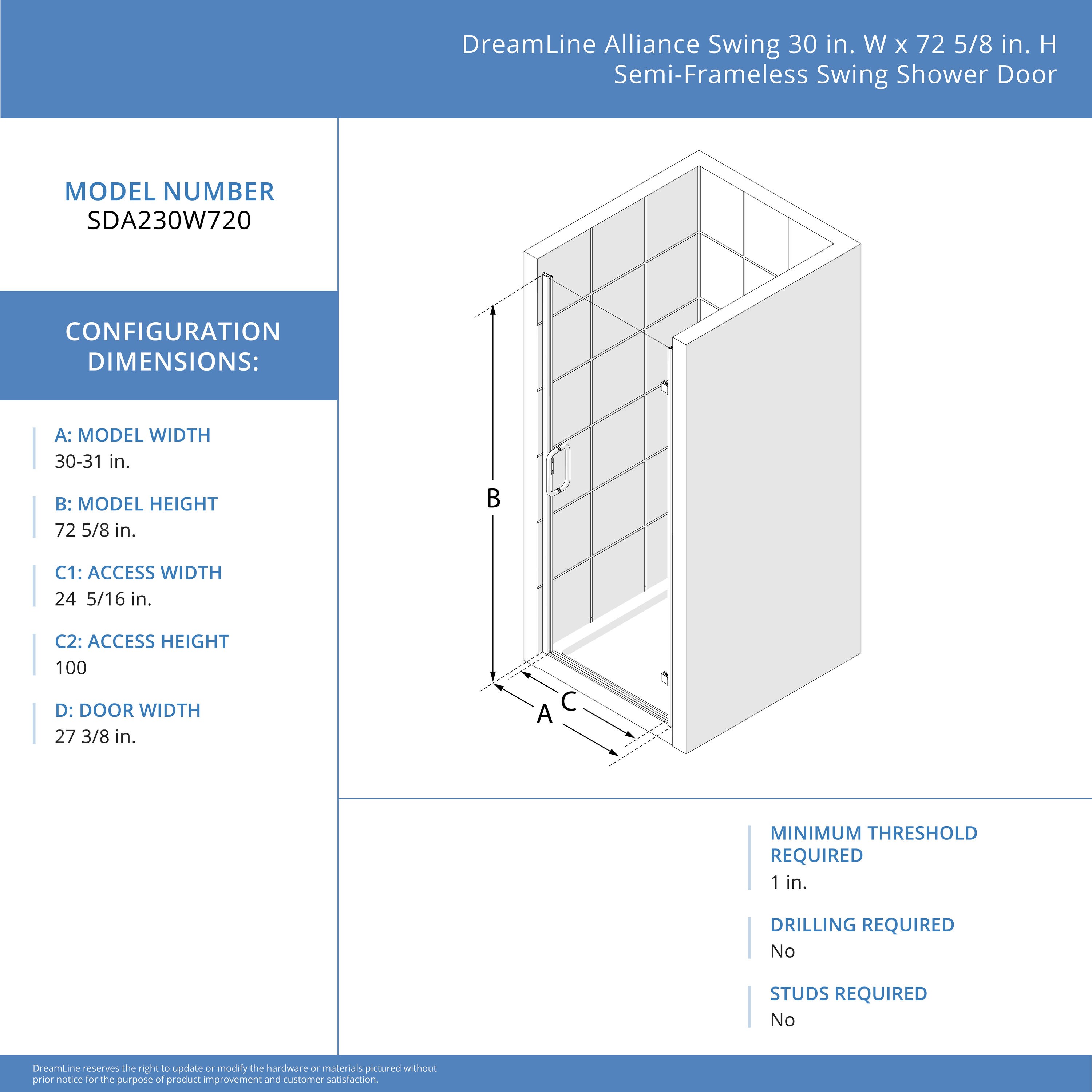 Dreamline Alliance Swing Chrome 30 In To 31 In W X 72625 In H Semi Frameless Hinged Shower Door