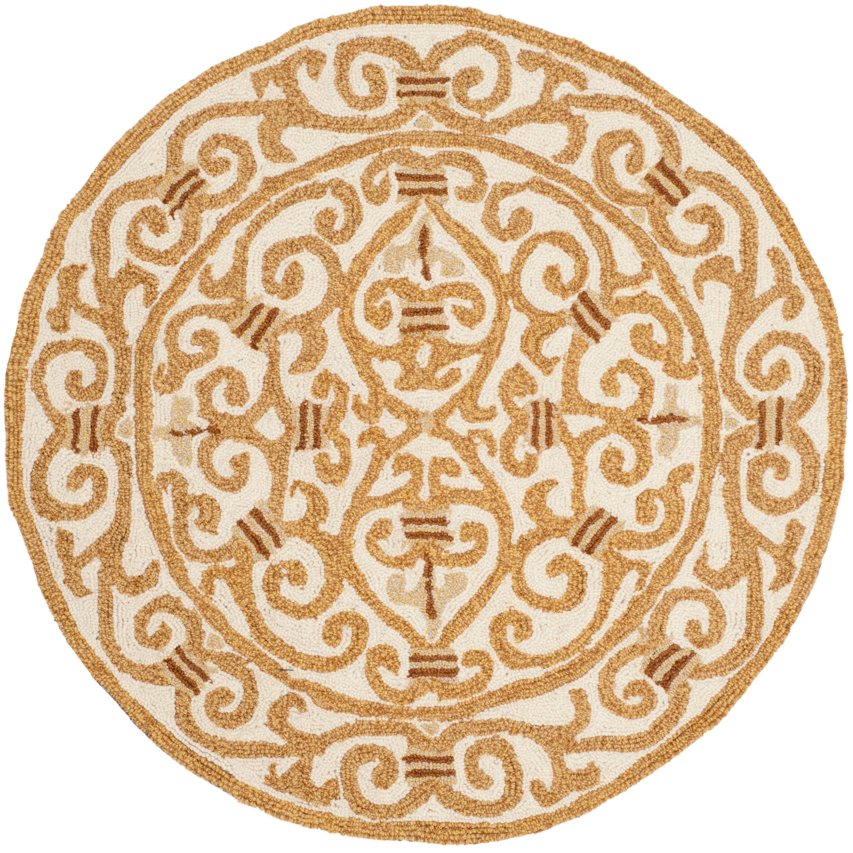 Ivory and Gold Round Hand-Hooked Wool Area Rug