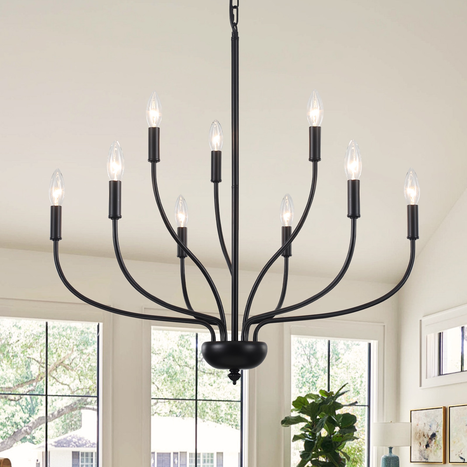 Zjvaive 9-Light 28.1 Inch 2-Tier Classic Matte Black Dimmable Chandelier Bare Bulb for Dining Room Living Room Foyer Kitchen