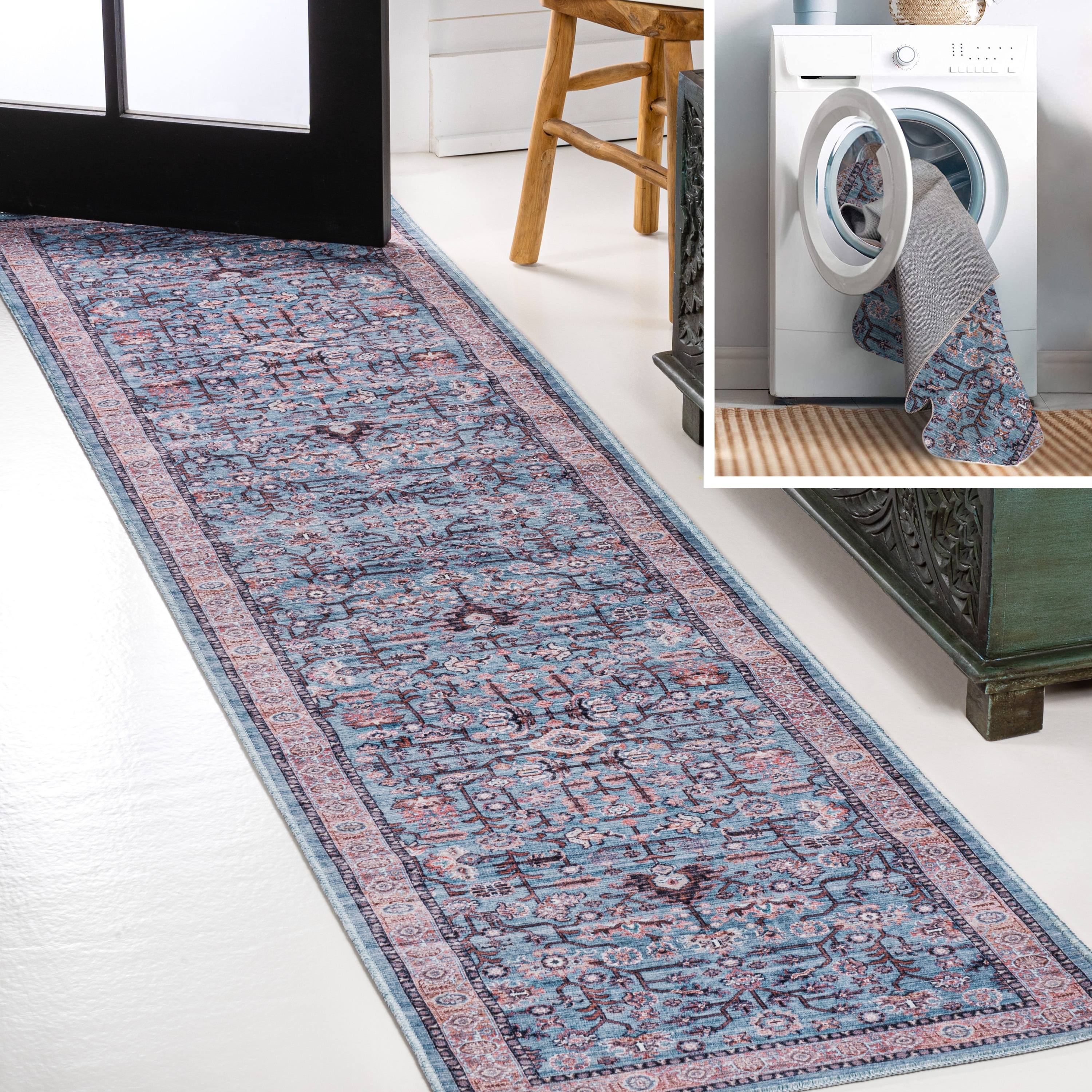 Kemer Persian-Inspired Washable Blue/Red/Brown Runner Rug 2' X 8'