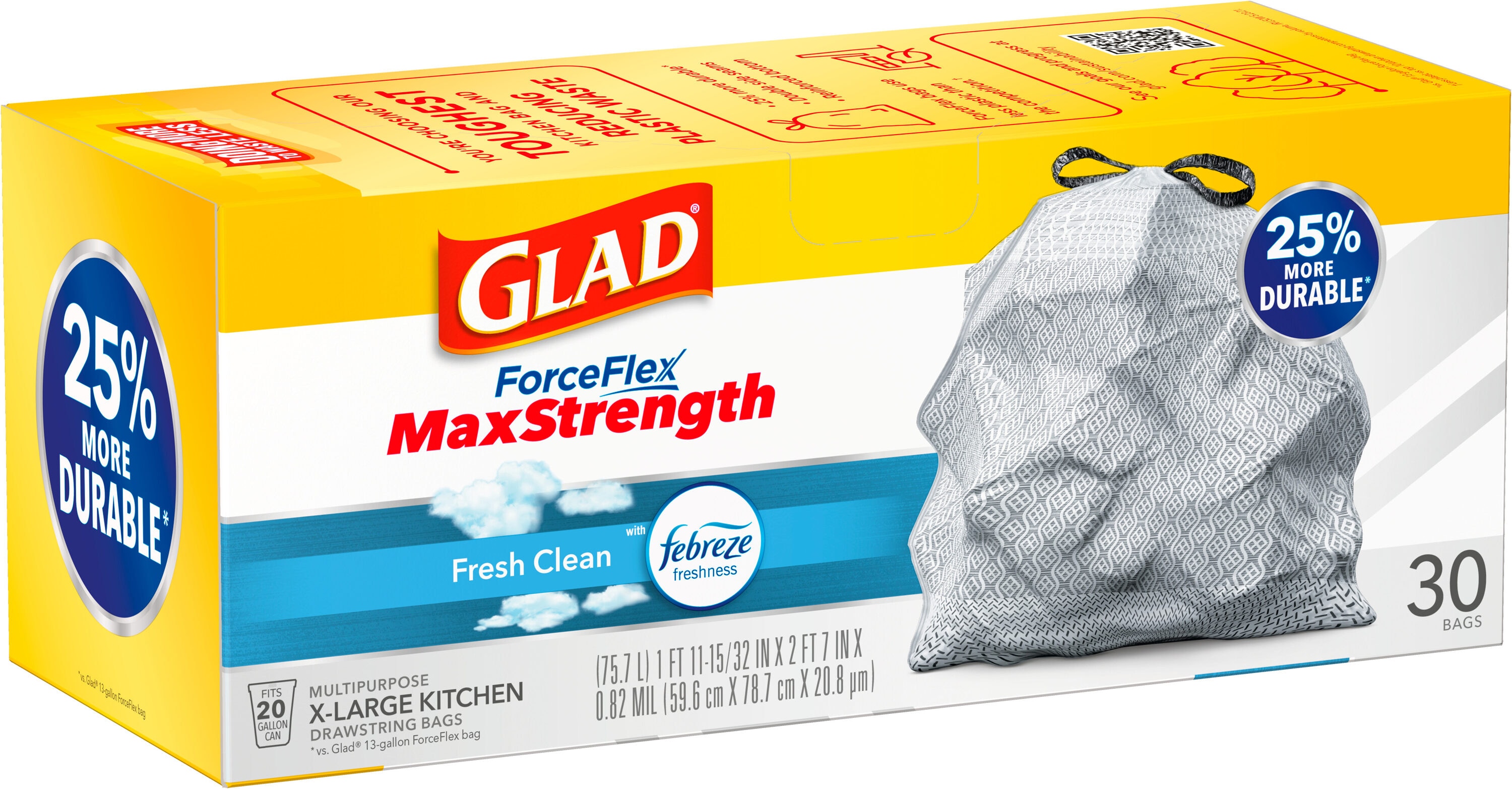 Glad ForceFlex MaxStrength 20-Gallons Febreze Fresh Clean Gray Plastic  Kitchen Drawstring Trash Bag (30-Count)