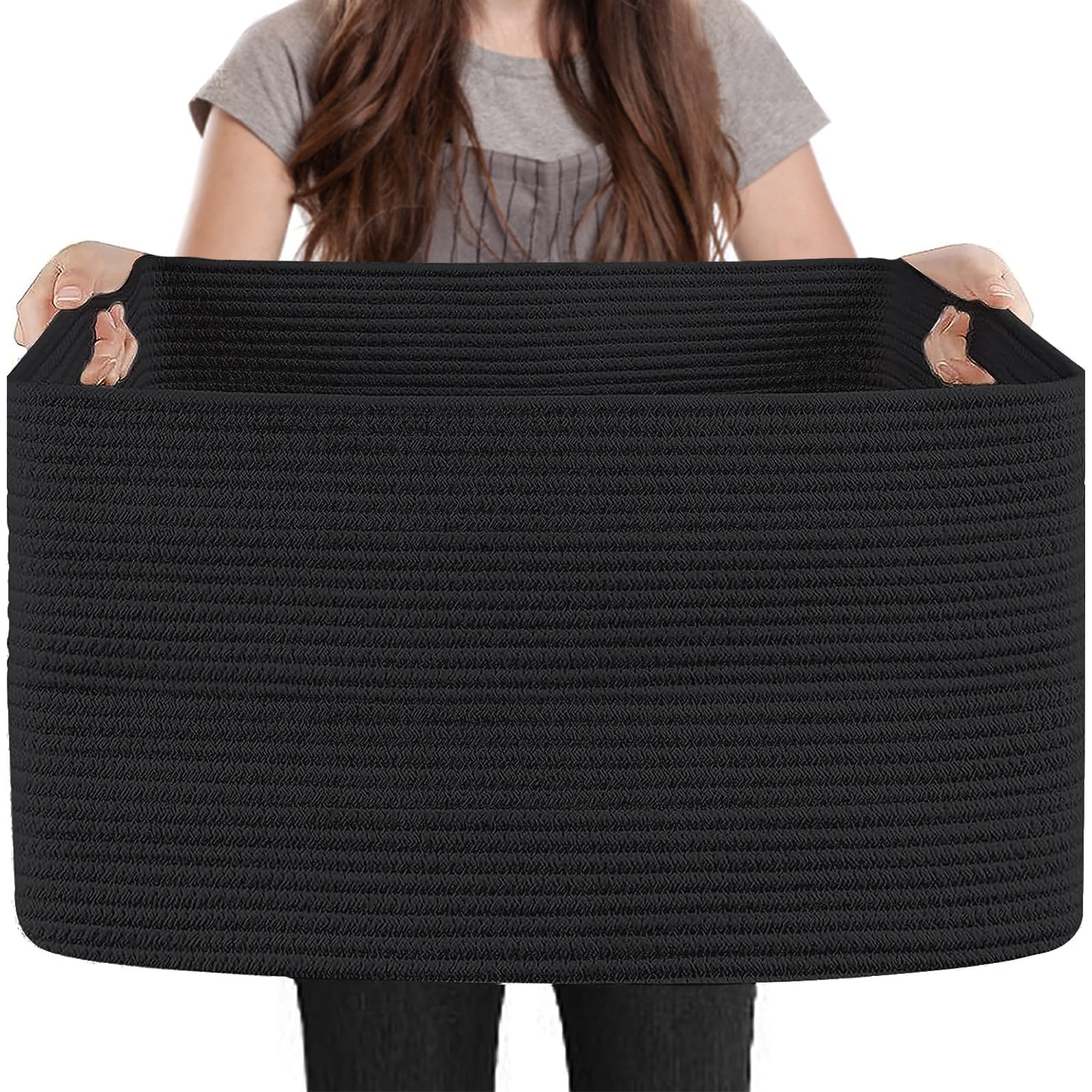 PIGFDK Black Extra Large Rectangle Woven Cotton Rope Storage Baskets Multi Functional Organizer For Blanket Laundry Toys